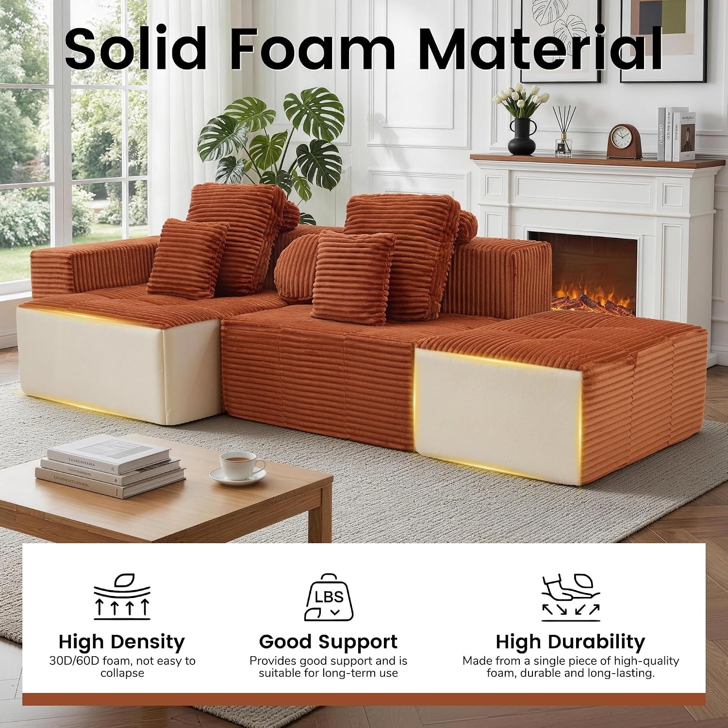 image:imageKorser 118 Cloud Sectional Couches with Chaise Boneless Couch with Ottoman Modular Sectional Sofa with Deep Seat No Assembly Required Upholstered Corduroy Boneless Couches for Living Room BlackOrange