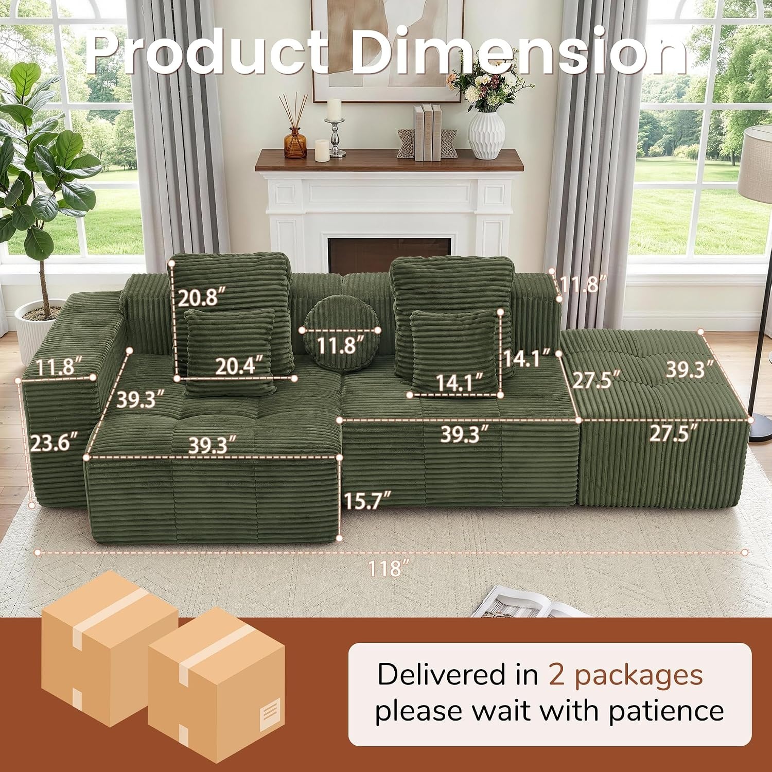 image:imageKorser 118 Cloud Sectional Couches with Chaise Boneless Couch with Ottoman Modular Sectional Sofa with Deep Seat No Assembly Required Upholstered Corduroy Boneless Couches for Living Room BlackGreen