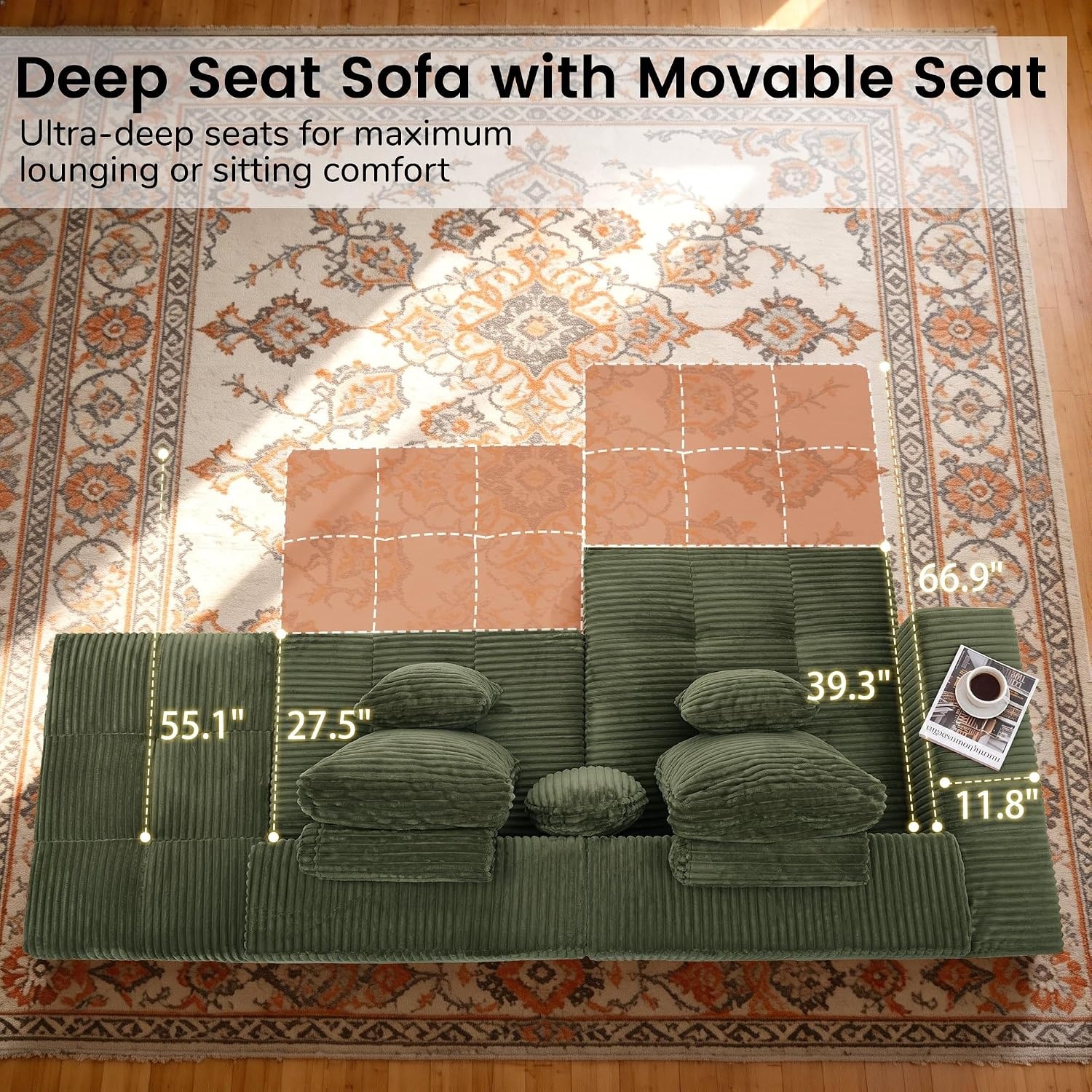 image:imageKorser 118 Cloud Sectional Couches with Chaise Boneless Couch with Ottoman Modular Sectional Sofa with Deep Seat No Assembly Required Upholstered Corduroy Boneless Couches for Living Room BlackGreen