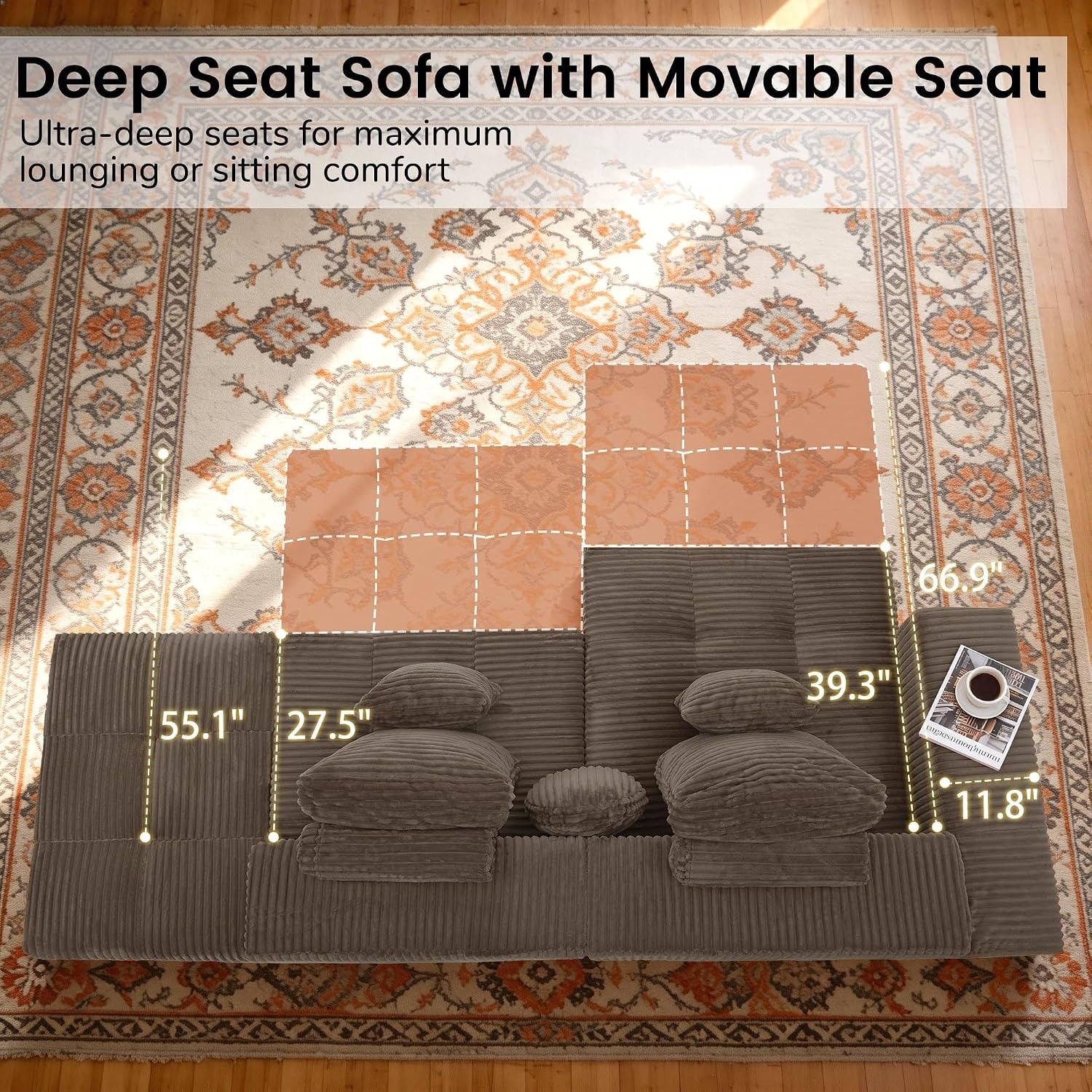 image:imageKorser 118 Cloud Sectional Couches with Chaise Boneless Couch with Ottoman Modular Sectional Sofa with Deep Seat No Assembly Required Upholstered Corduroy Boneless Couches for Living Room BlackBrown