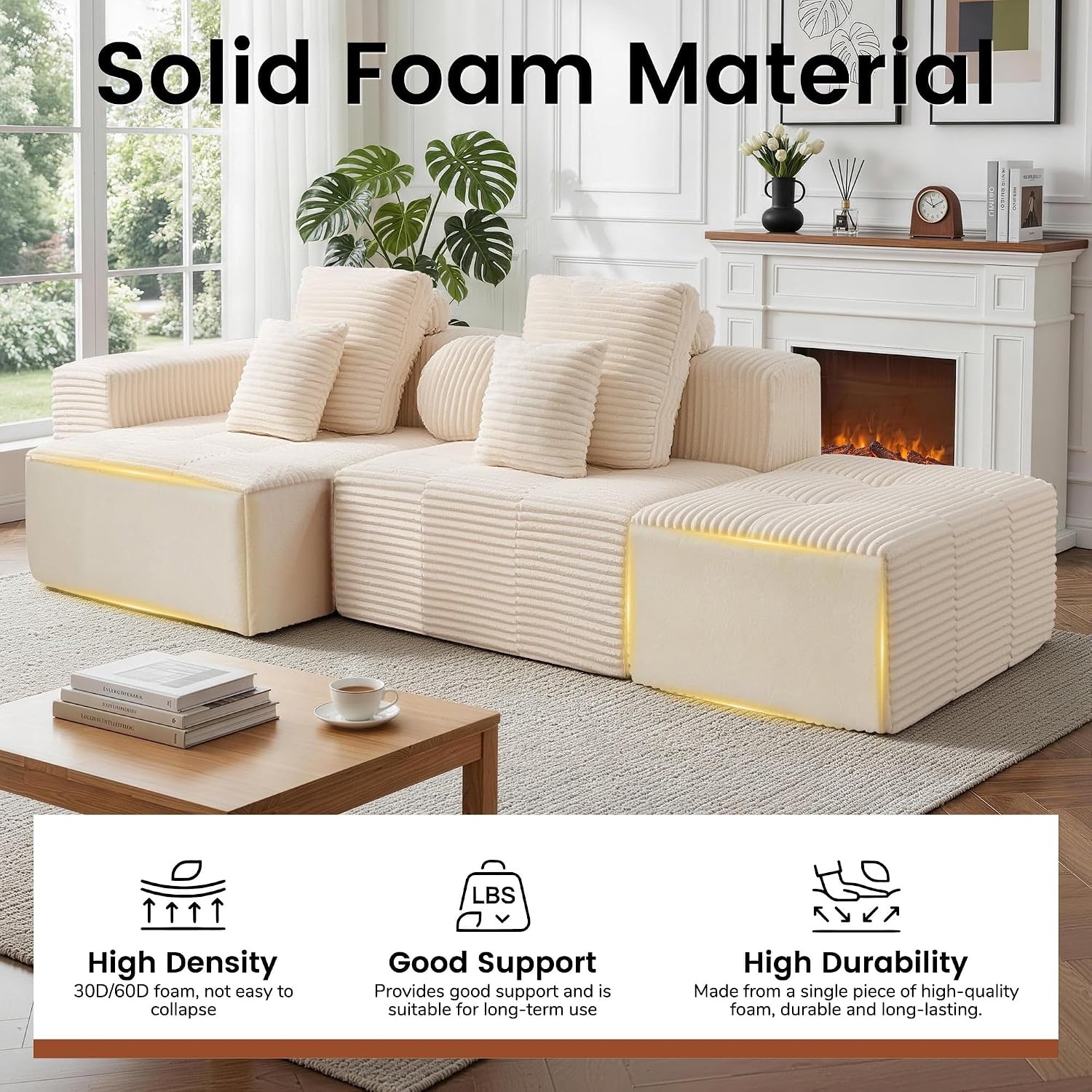 image:imageKorser 118 Cloud Sectional Couches with Chaise Boneless Couch with Ottoman Modular Sectional Sofa with Deep Seat No Assembly Required Upholstered Corduroy Boneless Couches for Living Room BlackBeige