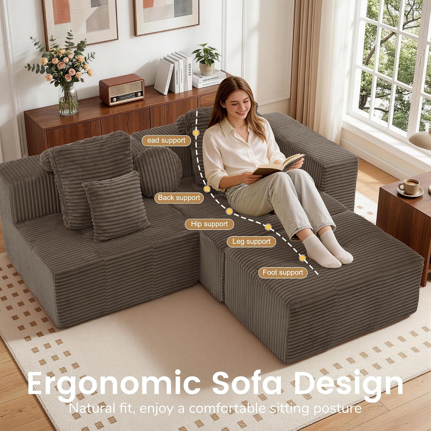 image:imageKorser 118 Cloud Sectional Couches with Chaise Boneless Couch with Ottoman Modular Sectional Sofa with Deep Seat No Assembly Required Upholstered Corduroy Boneless Couches for Living Room BlackBrown