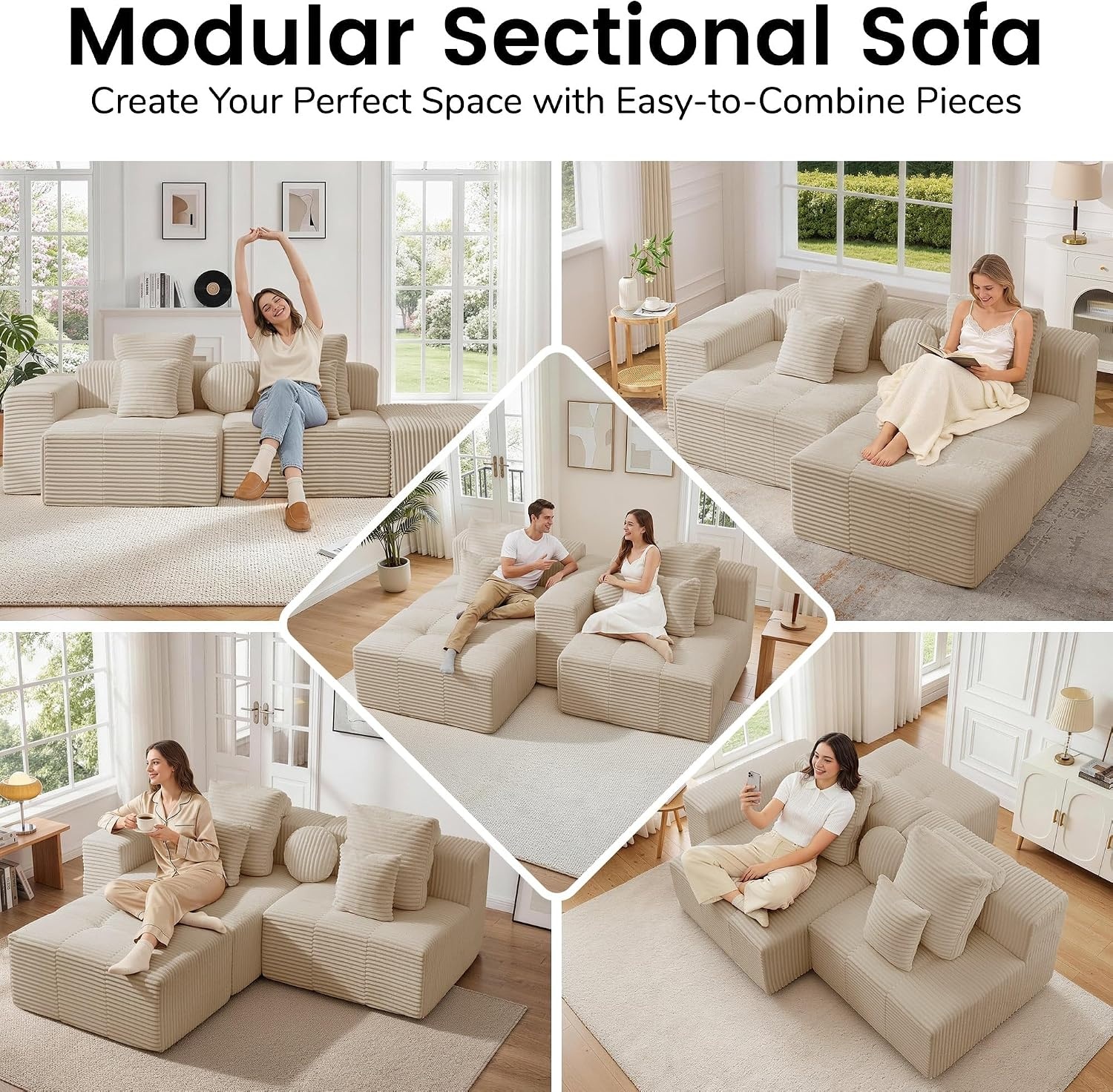 image:imageKorser 118 Cloud Sectional Couches with Chaise Boneless Couch with Ottoman Modular Sectional Sofa with Deep Seat No Assembly Required Upholstered Corduroy Boneless Couches for Living Room BlackKhaki