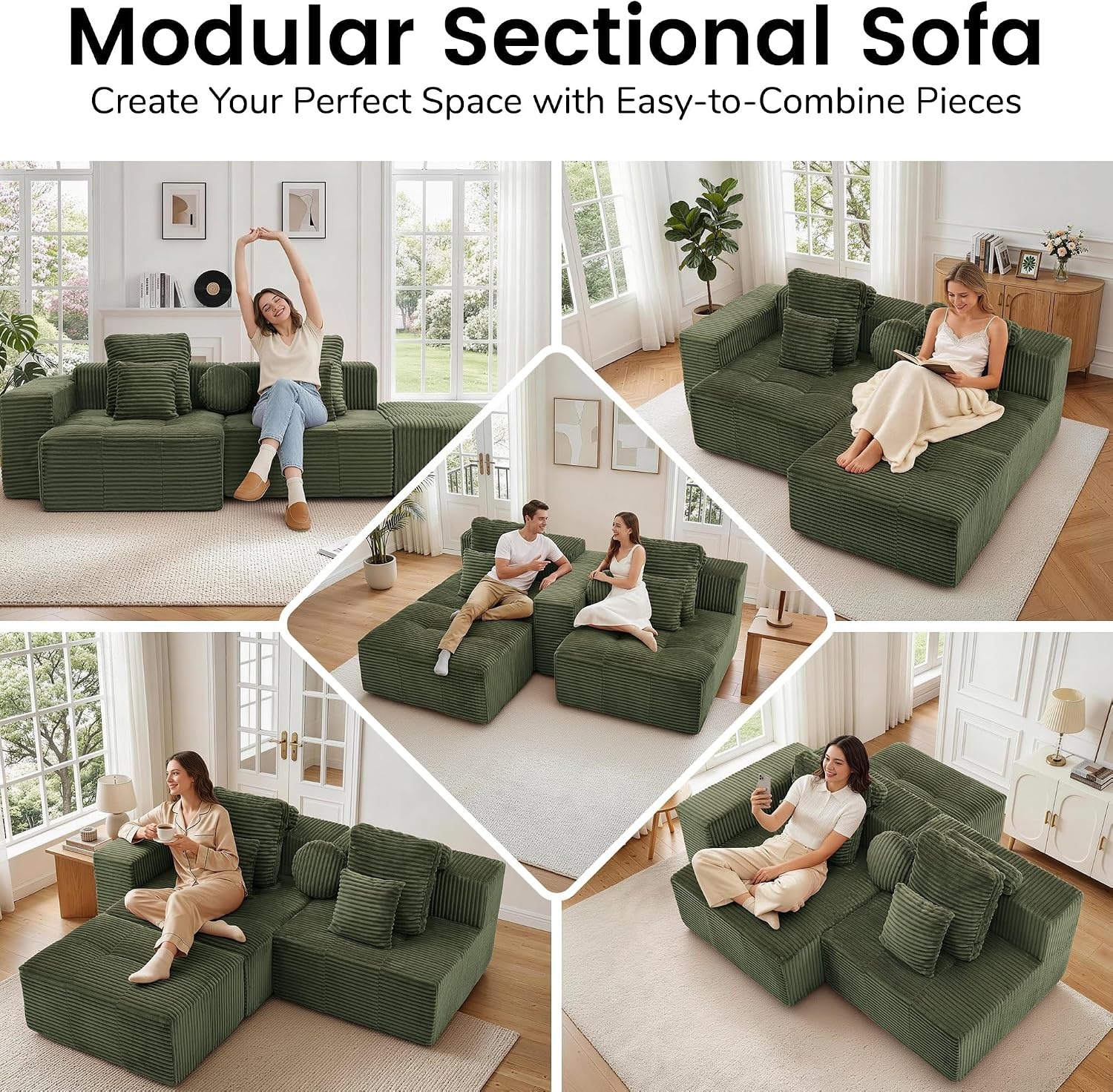 image:imageKorser 118 Cloud Sectional Couches with Chaise Boneless Couch with Ottoman Modular Sectional Sofa with Deep Seat No Assembly Required Upholstered Corduroy Boneless Couches for Living Room BlackGreen