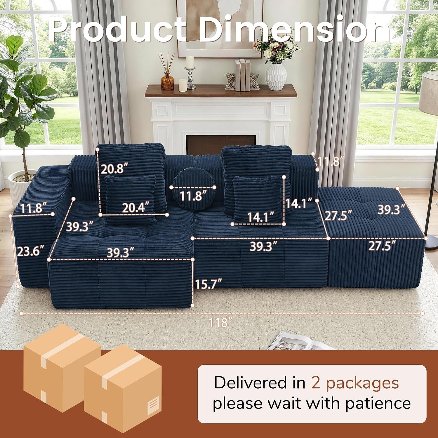 image:imageKorser 118 Cloud Sectional Couches with Chaise Boneless Couch with Ottoman Modular Sectional Sofa with Deep Seat No Assembly Required Upholstered Corduroy Boneless Couches for Living Room BlackBlue
