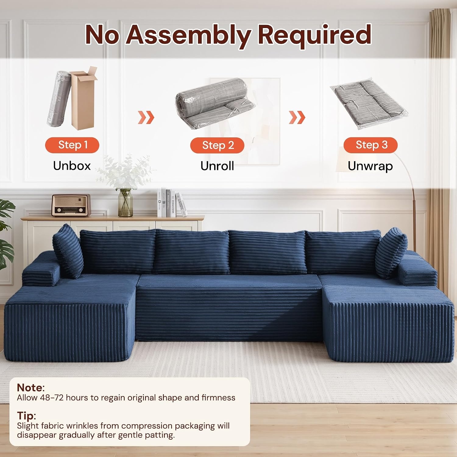 image:imageKorser 133 Oversized Modular Sectional Sofa UShaped Boneless Couch with Double Chaise Comfy Corduroy Cloud Couch Sectional Deep Seat Sectional Couches for Living Room No Assembly Required BlackBlue