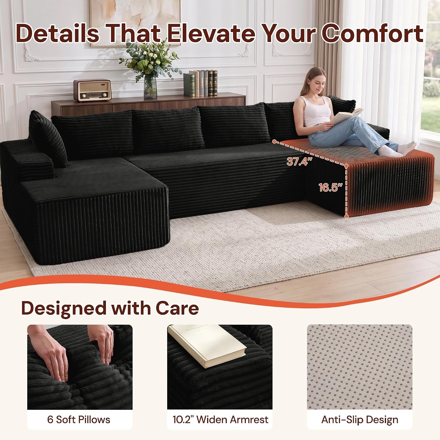 image:imageKorser 133 Oversized Modular Sectional Sofa UShaped Boneless Couch with Double Chaise Comfy Corduroy Cloud Couch Sectional Deep Seat Sectional Couches for Living Room No Assembly Required BlackBlack
