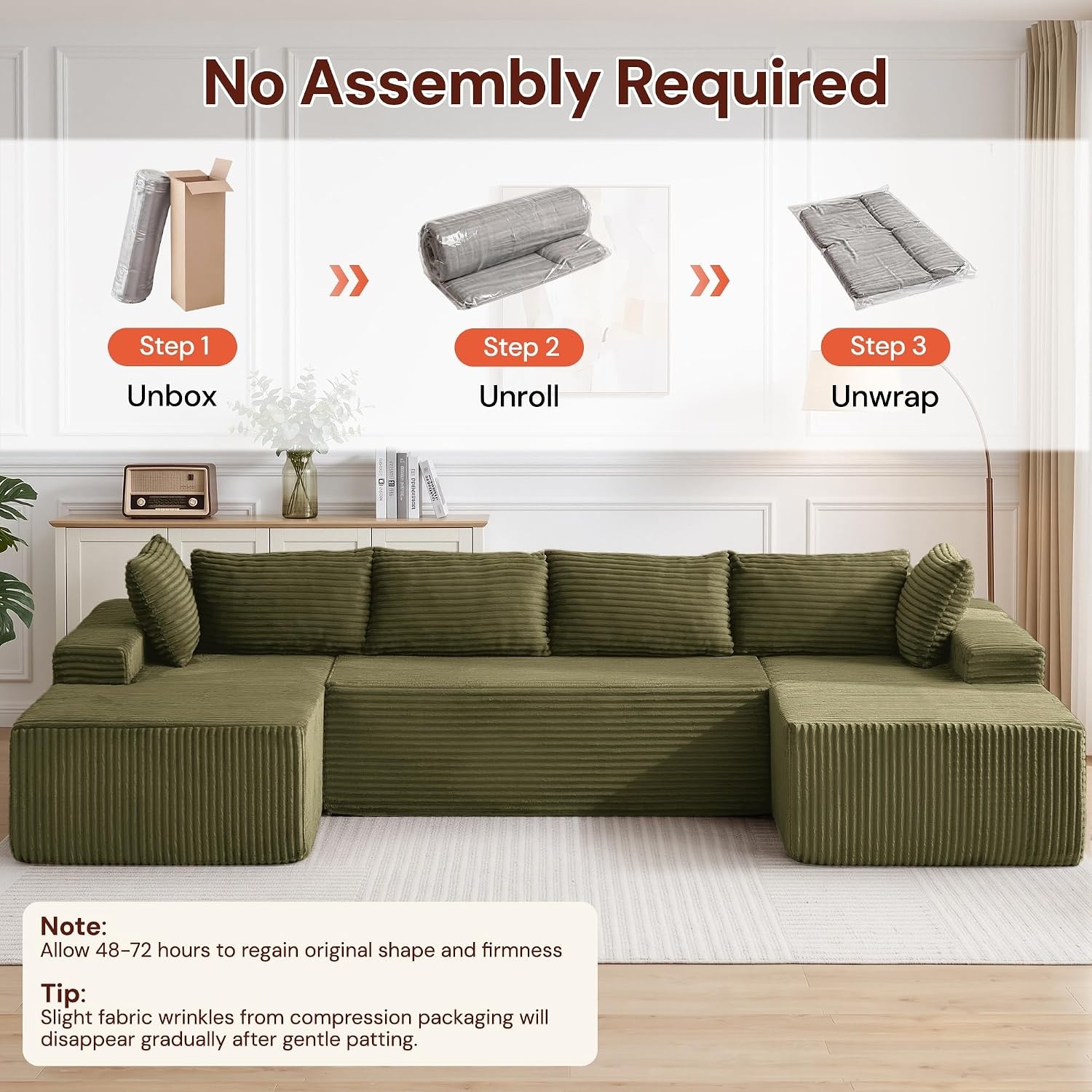 image:imageKorser 133 Oversized Modular Sectional Sofa UShaped Boneless Couch with Double Chaise Comfy Corduroy Cloud Couch Sectional Deep Seat Sectional Couches for Living Room No Assembly Required BlackGreen