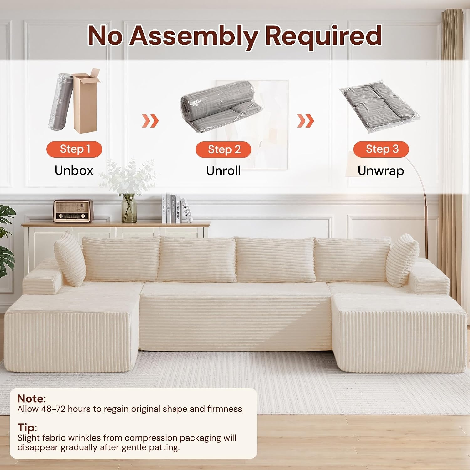 image:imageKorser 133 Oversized Modular Sectional Sofa UShaped Boneless Couch with Double Chaise Comfy Corduroy Cloud Couch Sectional Deep Seat Sectional Couches for Living Room No Assembly Required BlackBeige