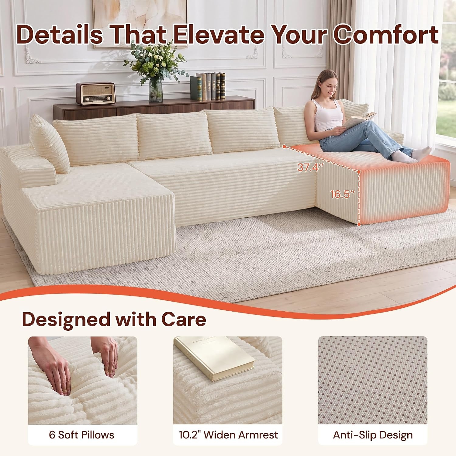 image:imageKorser 133 Oversized Modular Sectional Sofa UShaped Boneless Couch with Double Chaise Comfy Corduroy Cloud Couch Sectional Deep Seat Sectional Couches for Living Room No Assembly Required BlackBeige