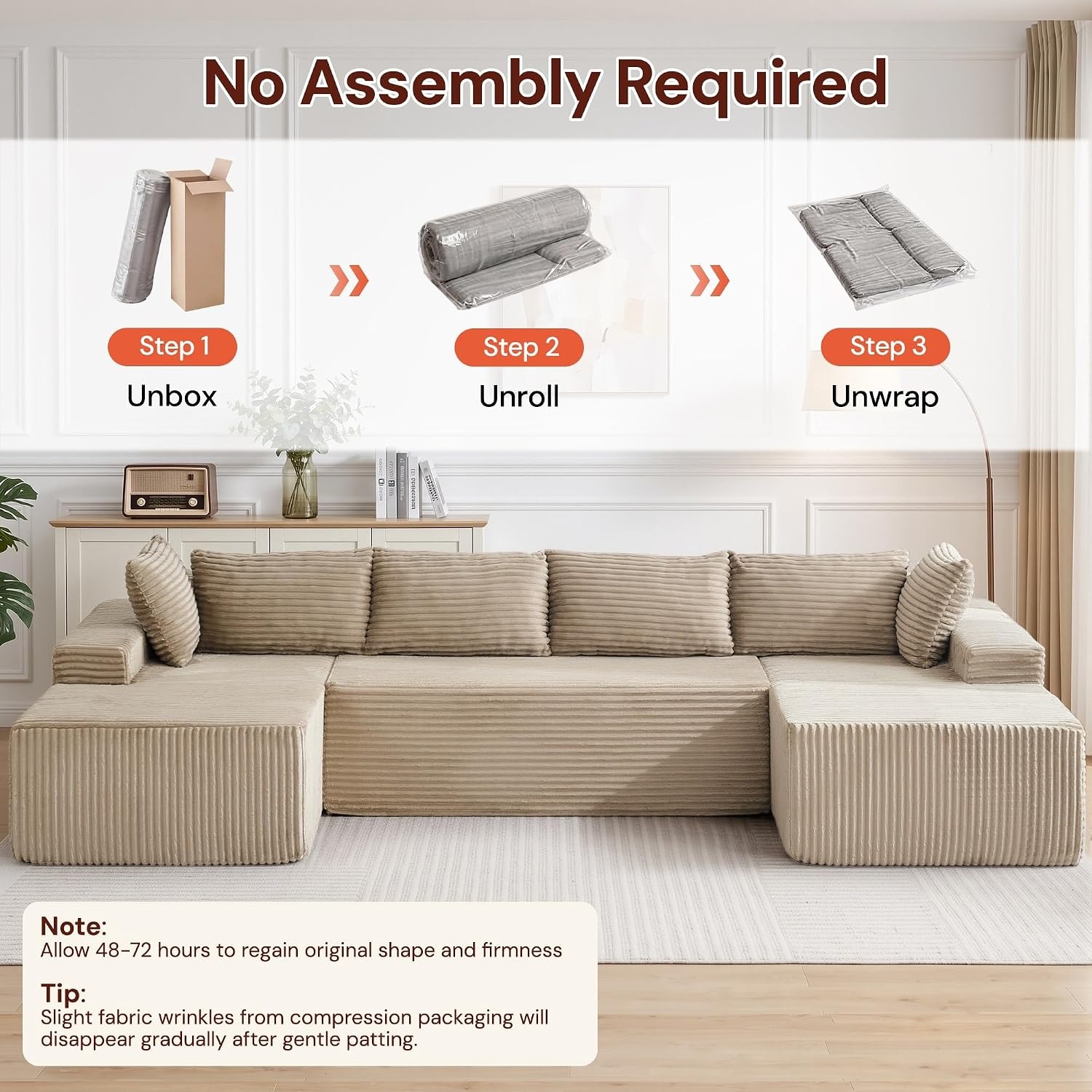 image:imageKorser 133 Oversized Modular Sectional Sofa UShaped Boneless Couch with Double Chaise Comfy Corduroy Cloud Couch Sectional Deep Seat Sectional Couches for Living Room No Assembly Required BlackKhaki