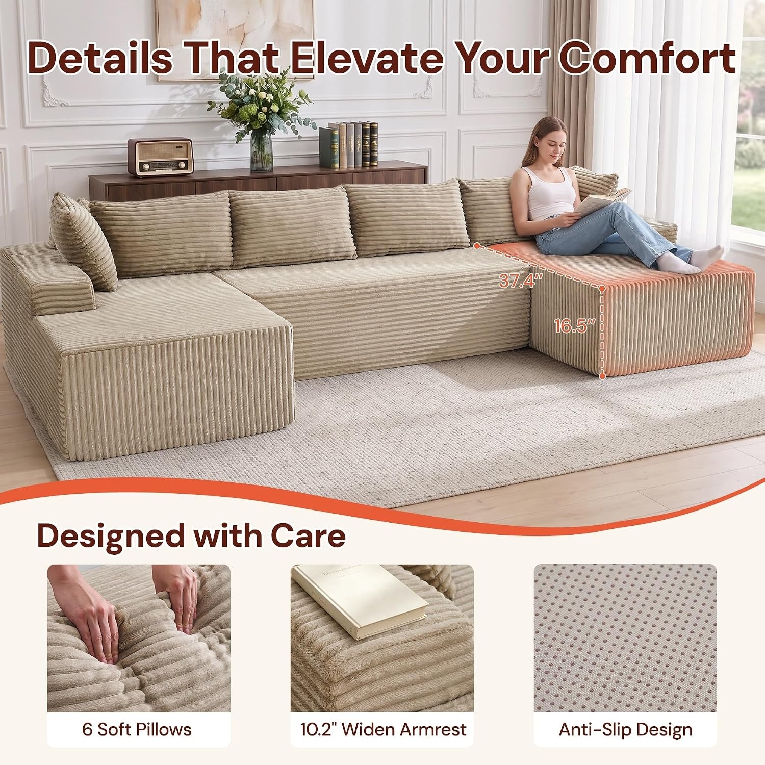 image:imageKorser 133 Oversized Modular Sectional Sofa UShaped Boneless Couch with Double Chaise Comfy Corduroy Cloud Couch Sectional Deep Seat Sectional Couches for Living Room No Assembly Required BlackKhaki