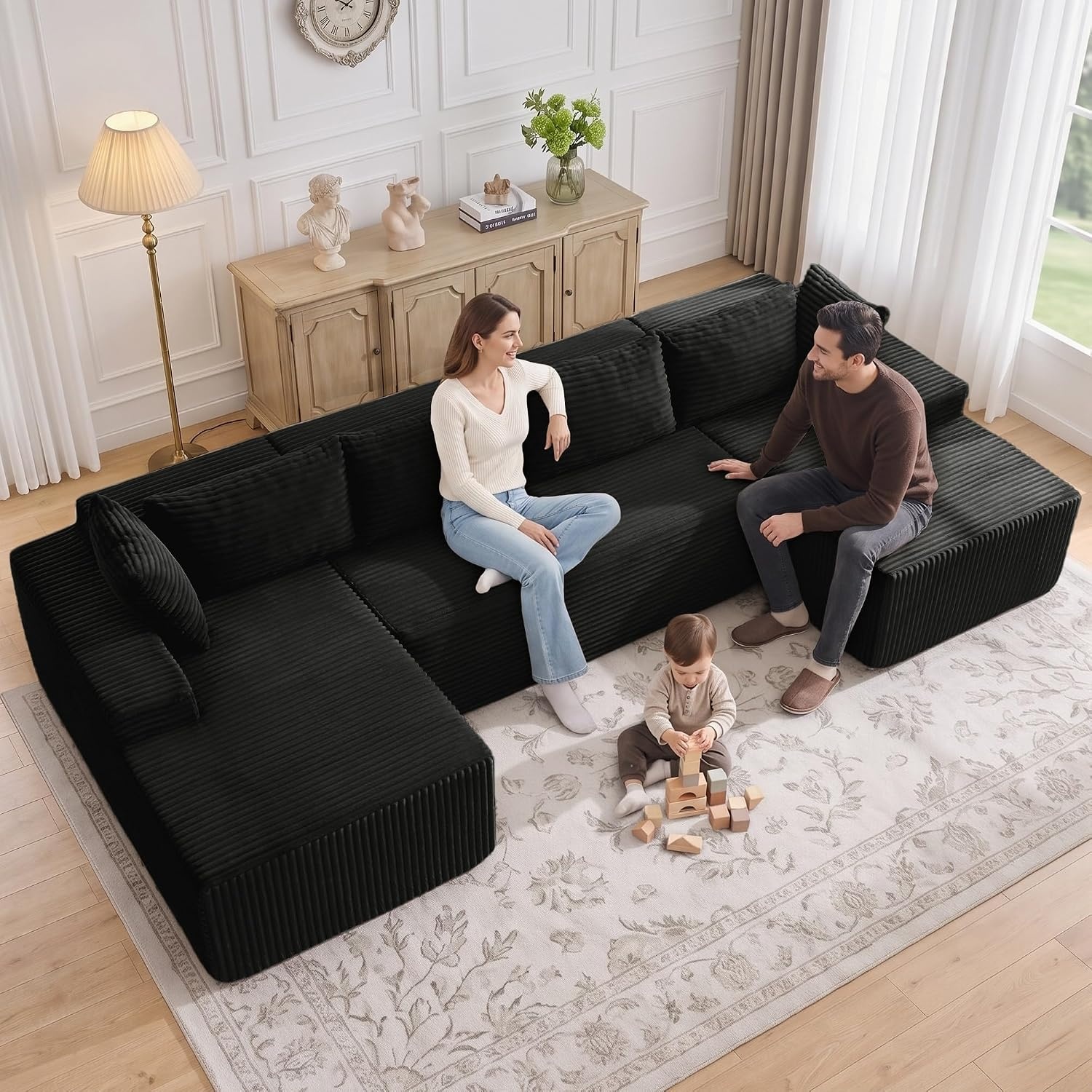 image:imageKorser 133 Oversized Modular Sectional Sofa UShaped Boneless Couch with Double Chaise Comfy Corduroy Cloud Couch Sectional Deep Seat Sectional Couches for Living Room No Assembly Required BlackBlack