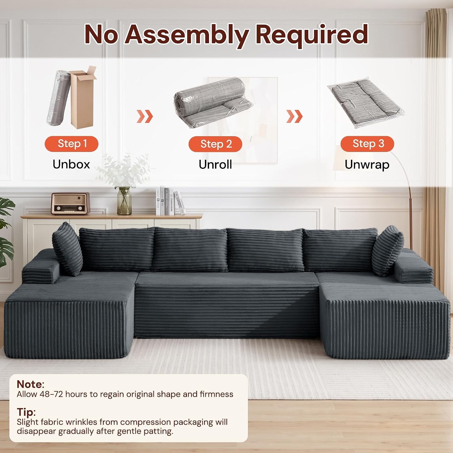 image:imageKorser 133 Oversized Modular Sectional Sofa UShaped Boneless Couch with Double Chaise Comfy Corduroy Cloud Couch Sectional Deep Seat Sectional Couches for Living Room No Assembly Required BlackGrey
