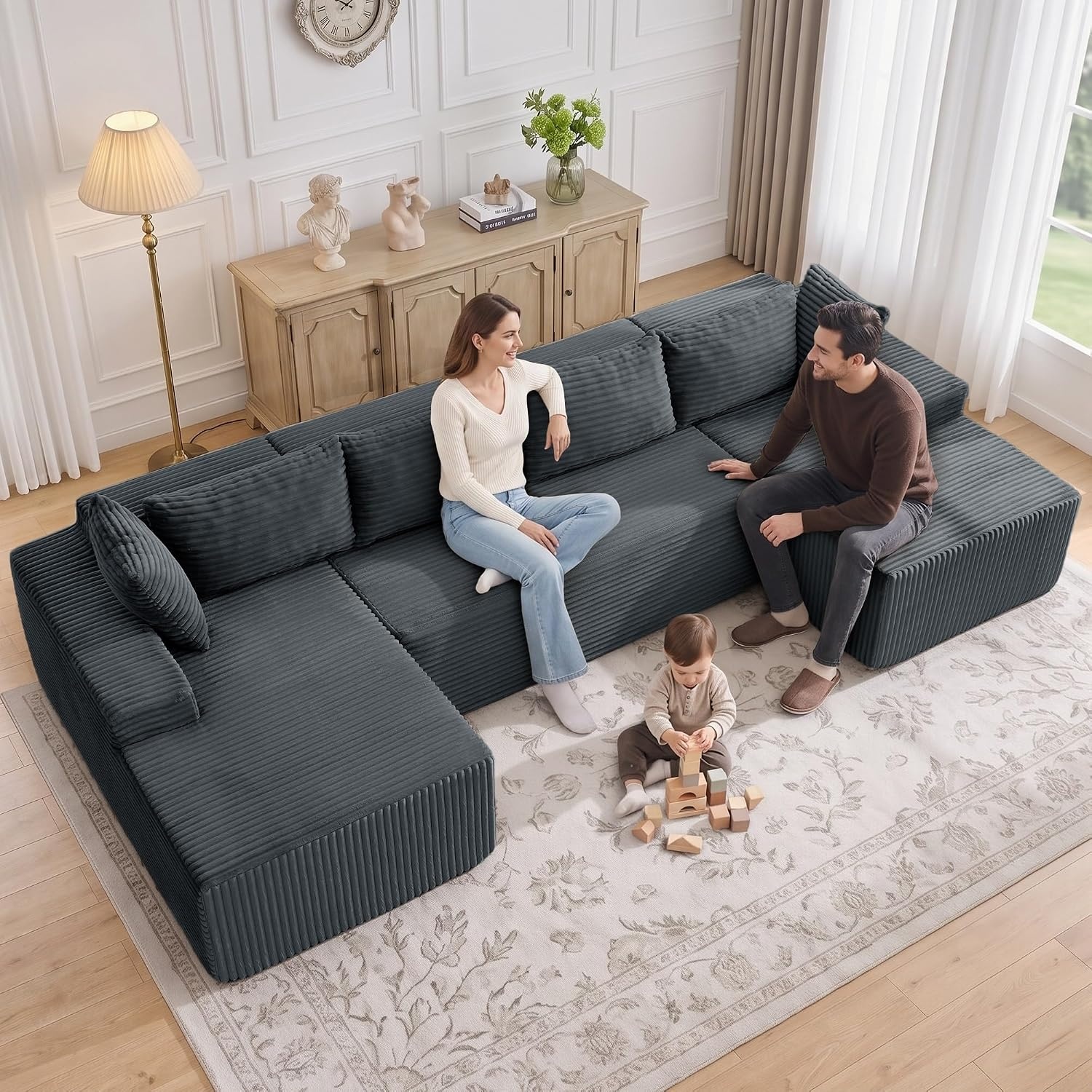 image:imageKorser 133 Oversized Modular Sectional Sofa UShaped Boneless Couch with Double Chaise Comfy Corduroy Cloud Couch Sectional Deep Seat Sectional Couches for Living Room No Assembly Required BlackGrey