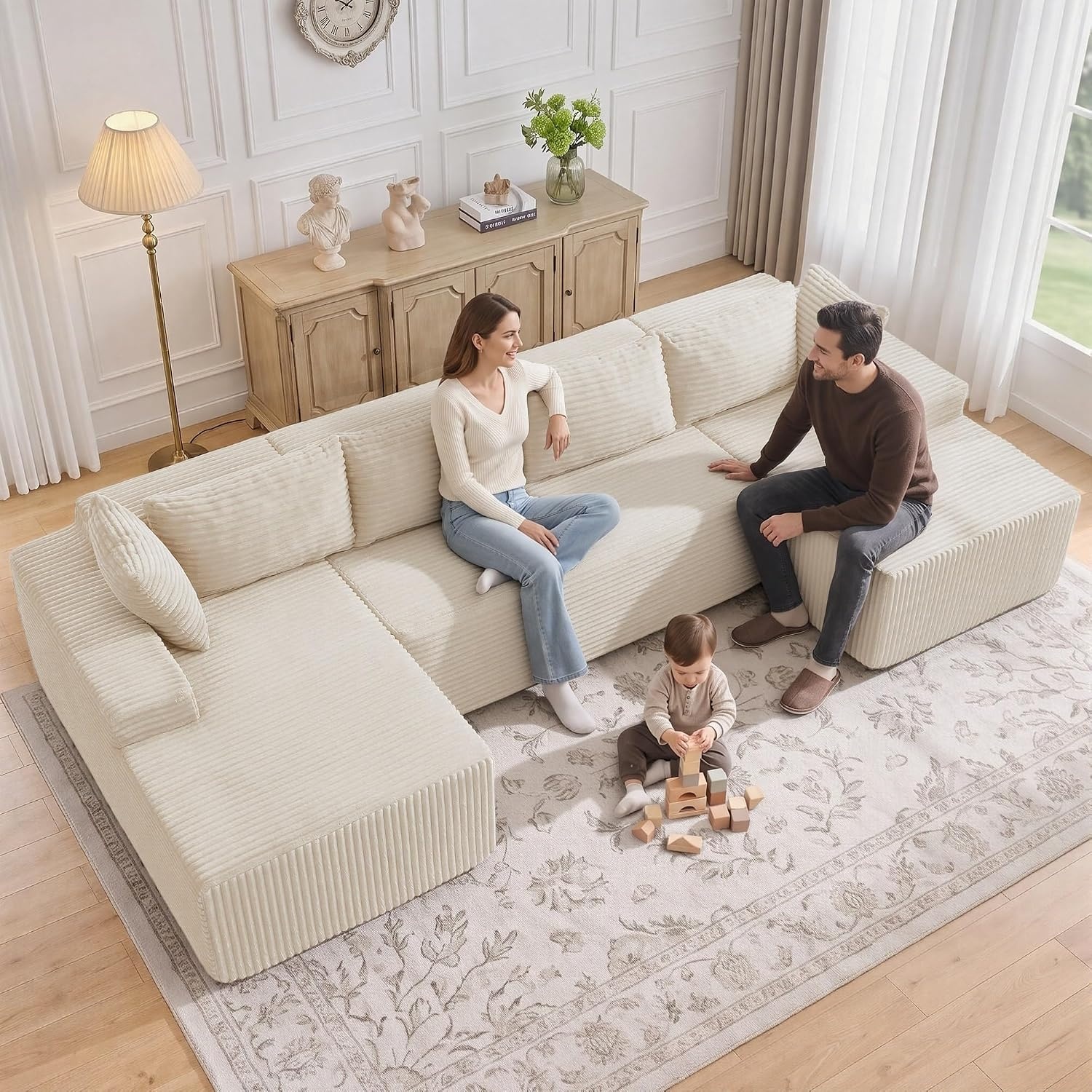 image:imageKorser 133 Oversized Modular Sectional Sofa UShaped Boneless Couch with Double Chaise Comfy Corduroy Cloud Couch Sectional Deep Seat Sectional Couches for Living Room No Assembly Required BlackBeige