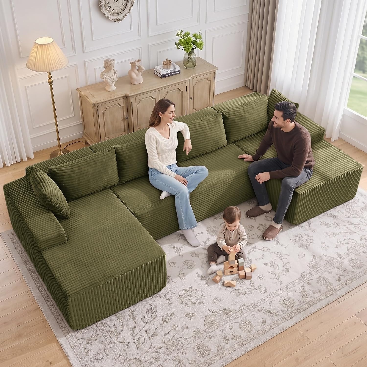image:imageKorser 133 Oversized Modular Sectional Sofa UShaped Boneless Couch with Double Chaise Comfy Corduroy Cloud Couch Sectional Deep Seat Sectional Couches for Living Room No Assembly Required BlackGreen