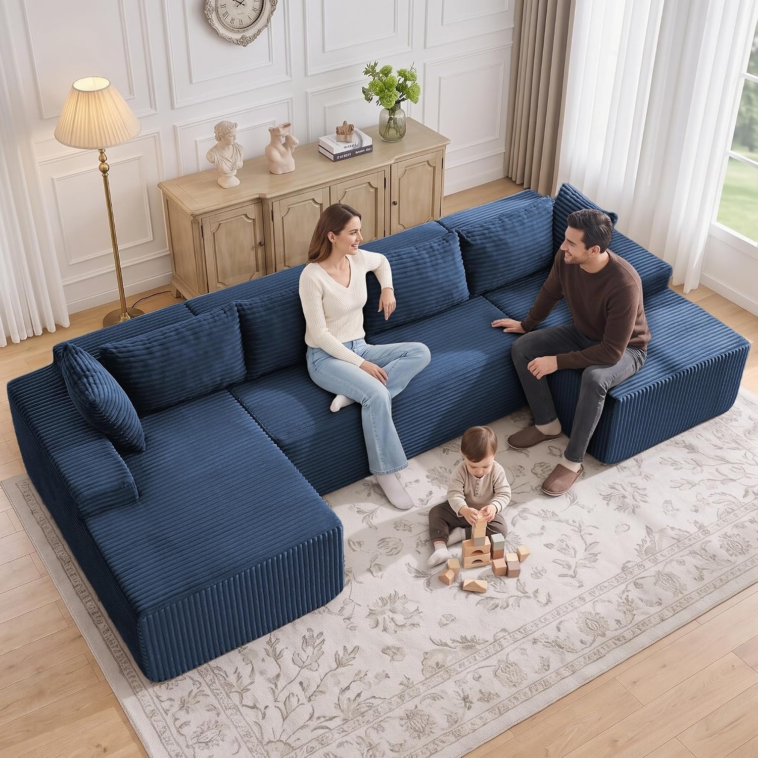 image:imageKorser 133 Oversized Modular Sectional Sofa UShaped Boneless Couch with Double Chaise Comfy Corduroy Cloud Couch Sectional Deep Seat Sectional Couches for Living Room No Assembly Required BlackBlue