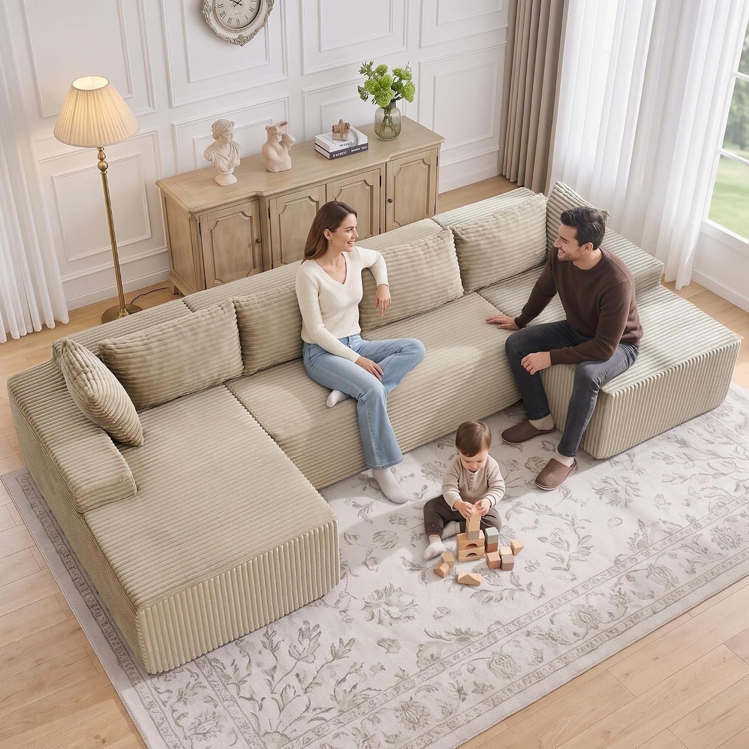 image:imageKorser 133 Oversized Modular Sectional Sofa UShaped Boneless Couch with Double Chaise Comfy Corduroy Cloud Couch Sectional Deep Seat Sectional Couches for Living Room No Assembly Required BlackKhaki