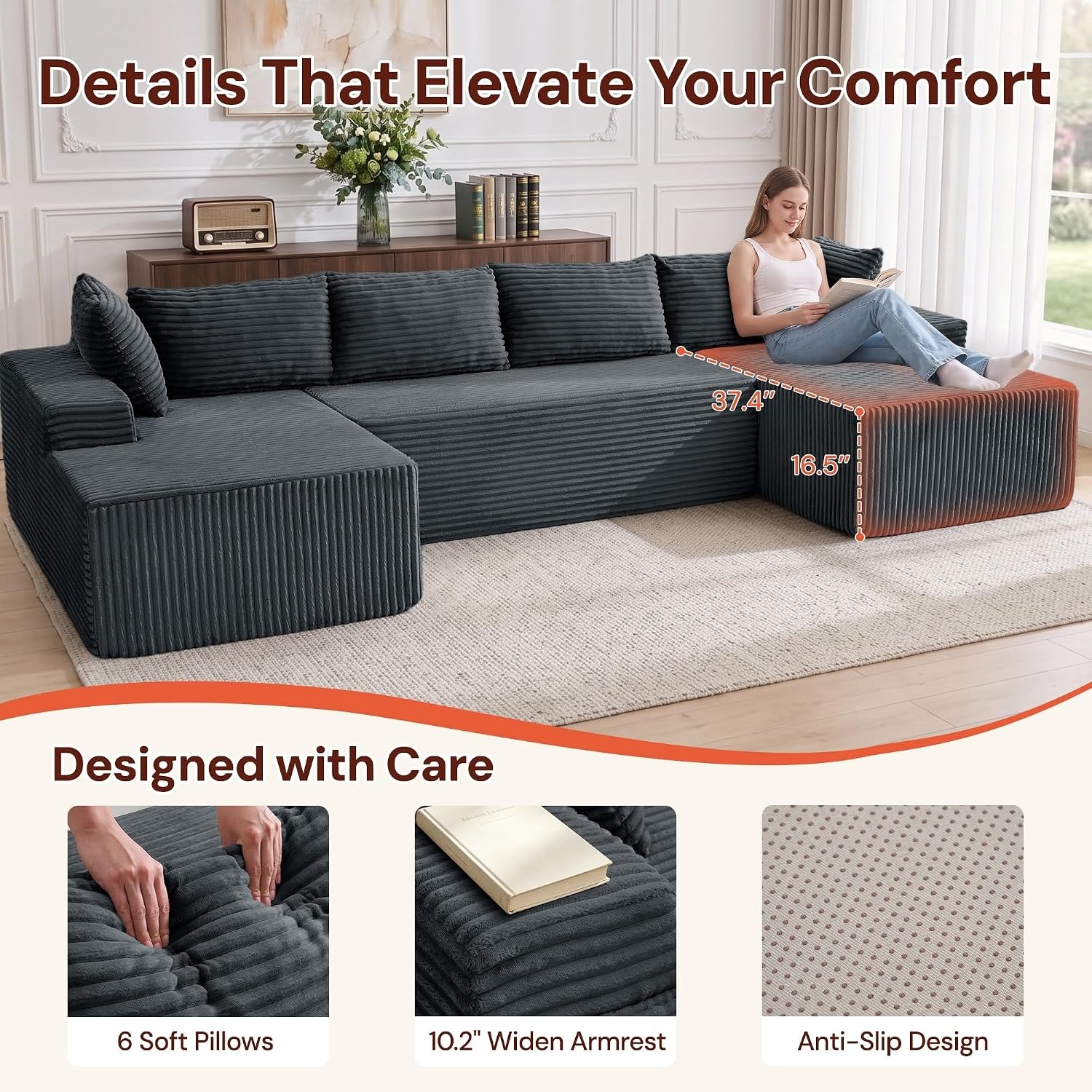 image:imageKorser 133 Oversized Modular Sectional Sofa UShaped Boneless Couch with Double Chaise Comfy Corduroy Cloud Couch Sectional Deep Seat Sectional Couches for Living Room No Assembly Required BlackGrey