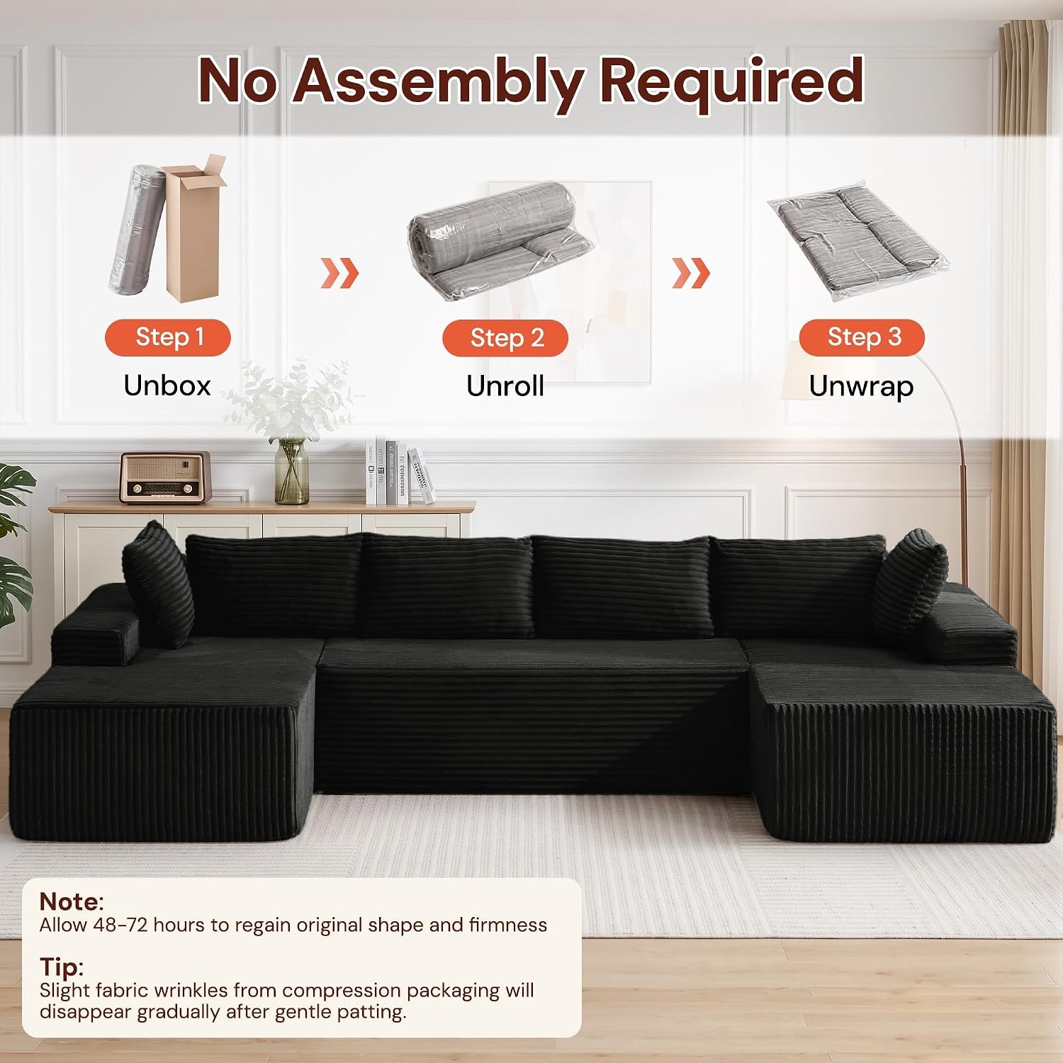 image:imageKorser 133 Oversized Modular Sectional Sofa UShaped Boneless Couch with Double Chaise Comfy Corduroy Cloud Couch Sectional Deep Seat Sectional Couches for Living Room No Assembly Required BlackBlack