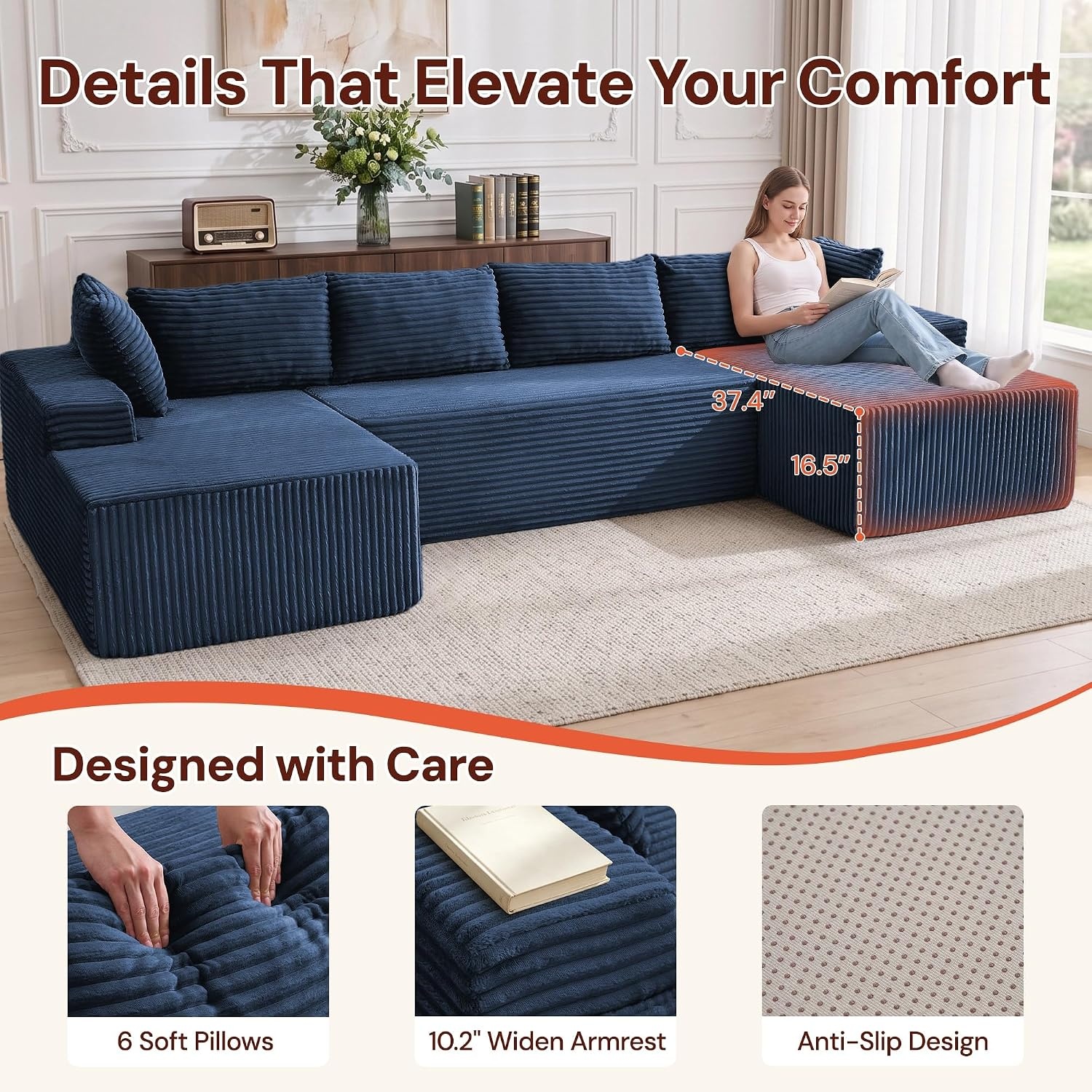 image:imageKorser 133 Oversized Modular Sectional Sofa UShaped Boneless Couch with Double Chaise Comfy Corduroy Cloud Couch Sectional Deep Seat Sectional Couches for Living Room No Assembly Required BlackBlue