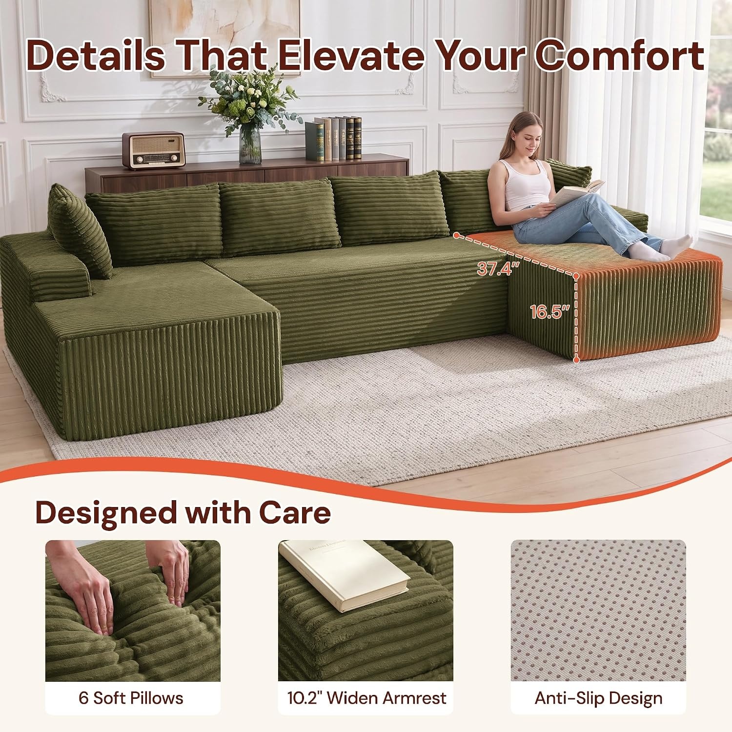 image:imageKorser 133 Oversized Modular Sectional Sofa UShaped Boneless Couch with Double Chaise Comfy Corduroy Cloud Couch Sectional Deep Seat Sectional Couches for Living Room No Assembly Required BlackGreen