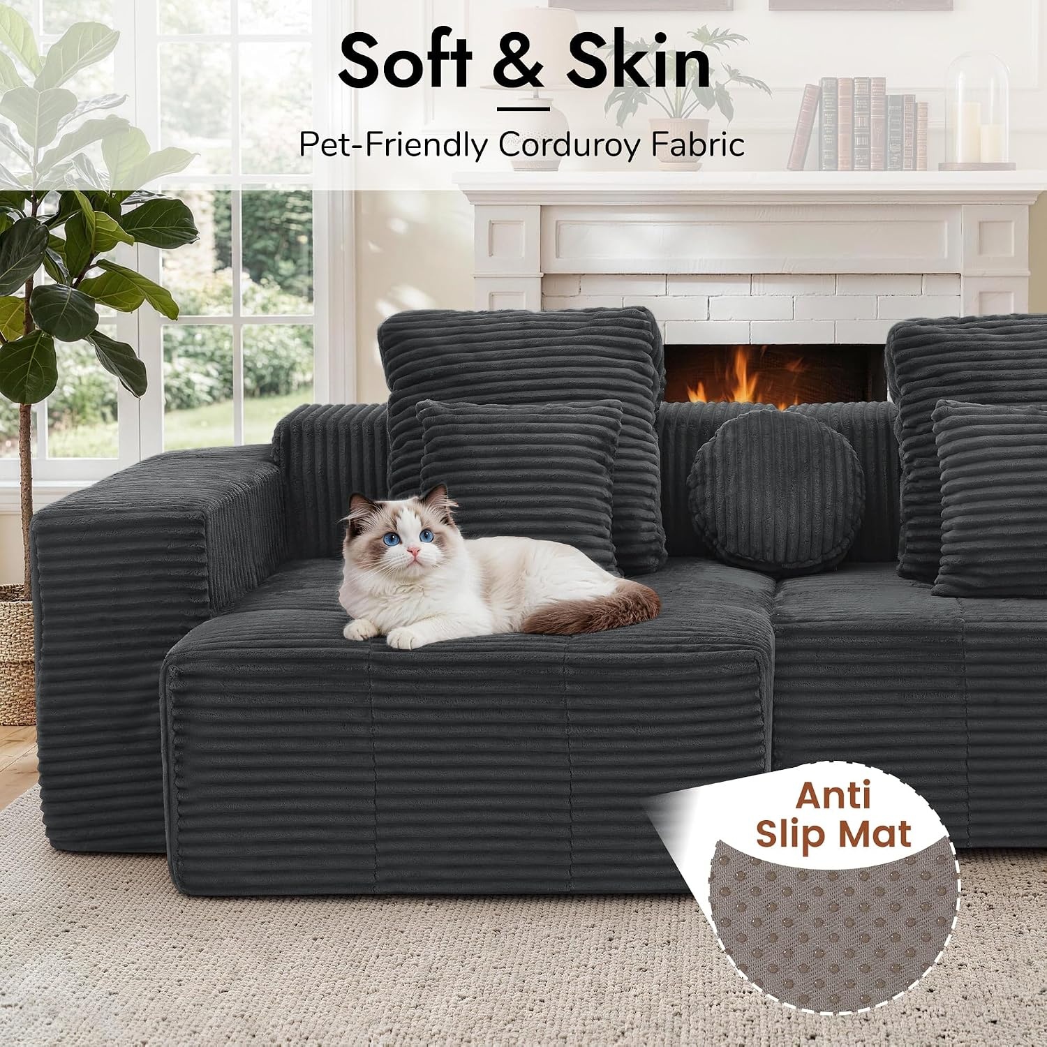 image:imageKorser 91 Cloud Sectional Couches for Living Room Convertible LShape Boneless Couch with Ottoman Comfy Modular Sectional Sofa Deep Seat Sofa with Throw Pillows for Living Room Corduroy BlackGrey