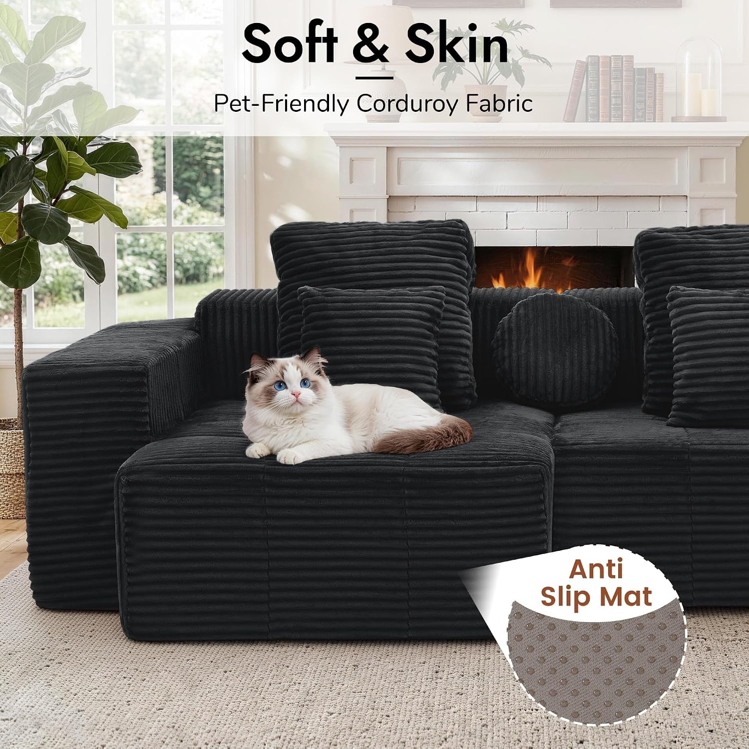 image:imageKorser 91 Cloud Sectional Couches for Living Room Convertible LShape Boneless Couch with Ottoman Comfy Modular Sectional Sofa Deep Seat Sofa with Throw Pillows for Living Room Corduroy BlackBlack