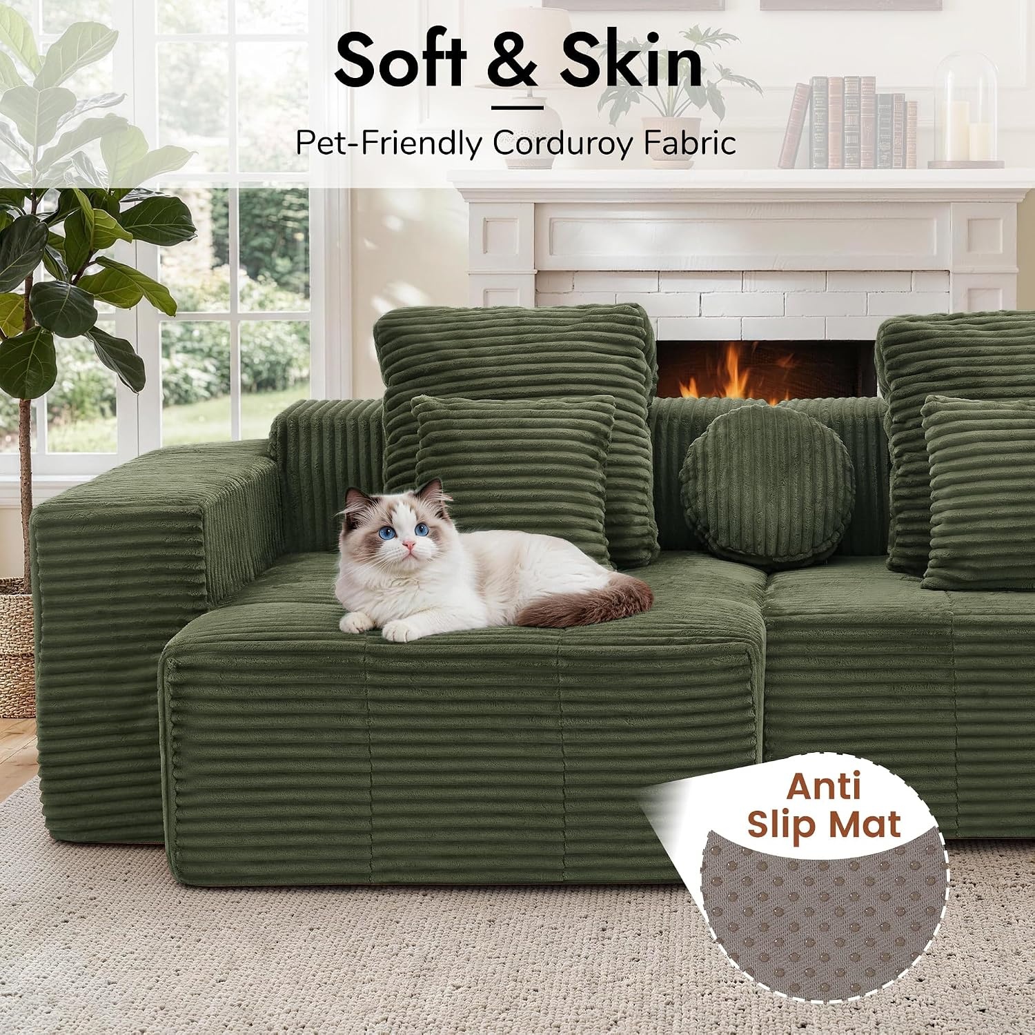 image:imageKorser 91 Cloud Sectional Couches for Living Room Convertible LShape Boneless Couch with Ottoman Comfy Modular Sectional Sofa Deep Seat Sofa with Throw Pillows for Living Room Corduroy BlackGreen