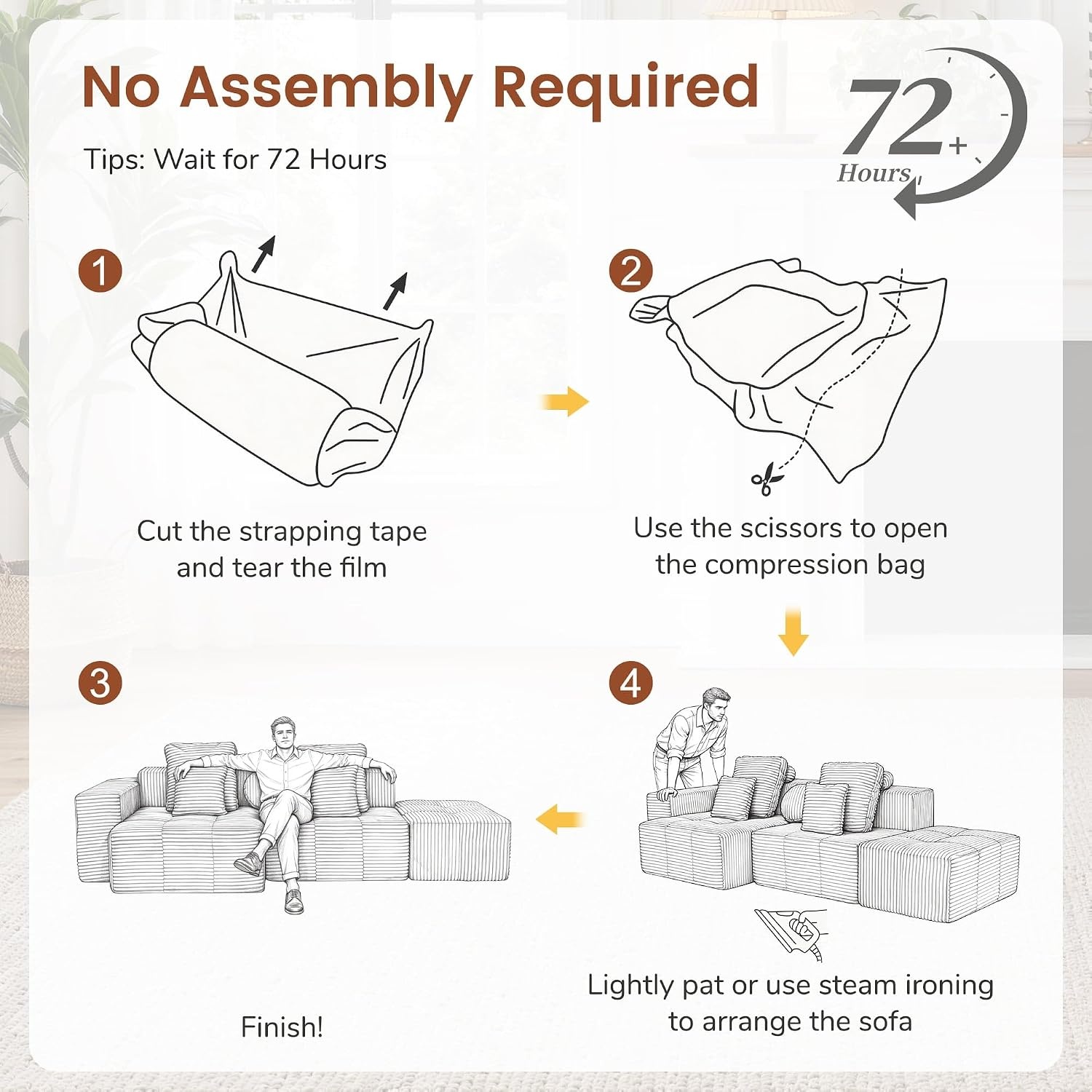 image:imageKorser 91 Cloud Sectional Couches for Living Room Convertible LShape Boneless Couch with Ottoman Comfy Modular Sectional Sofa Deep Seat Sofa with Throw Pillows for Living Room Corduroy BlackOrange