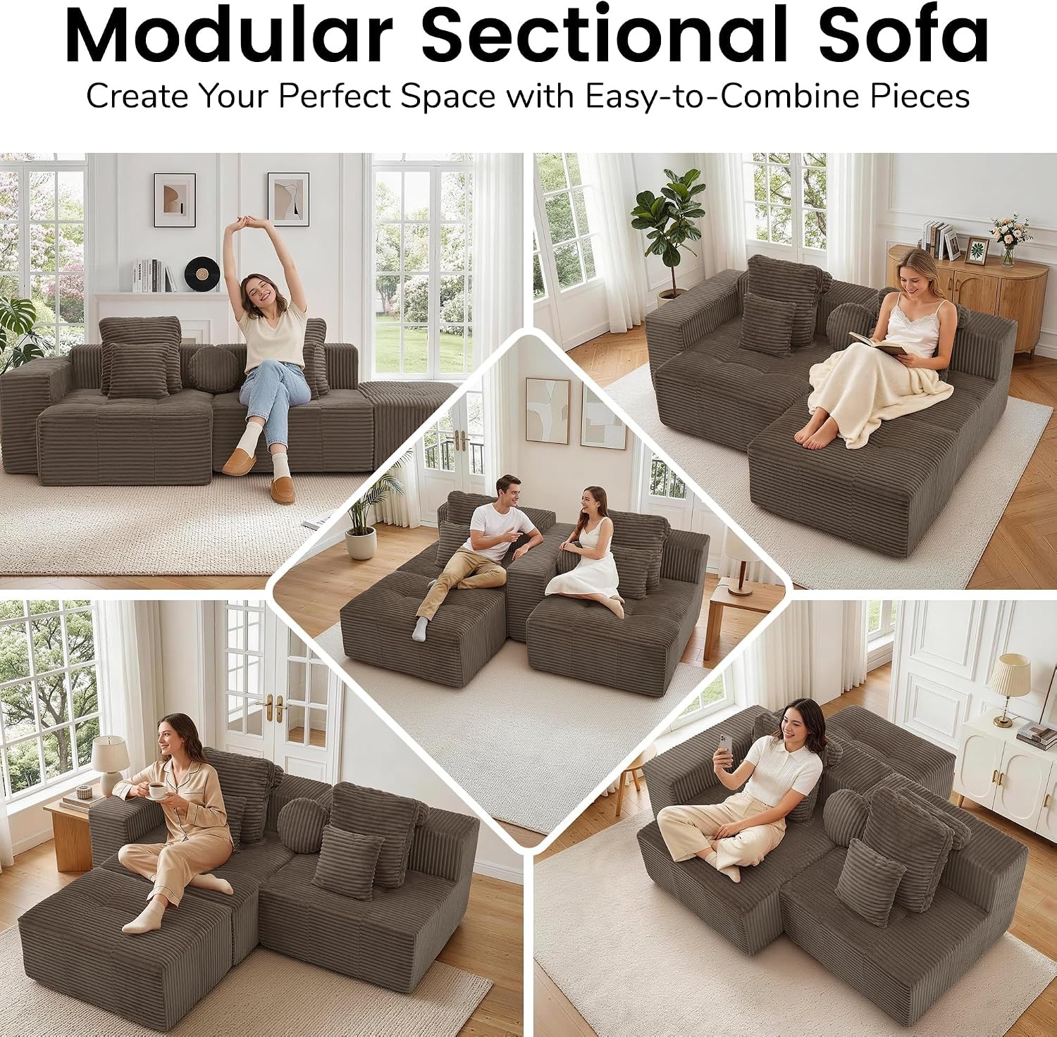 image:imageKorser 91 Cloud Sectional Couches for Living Room Convertible LShape Boneless Couch with Ottoman Comfy Modular Sectional Sofa Deep Seat Sofa with Throw Pillows for Living Room Corduroy BlackBrown