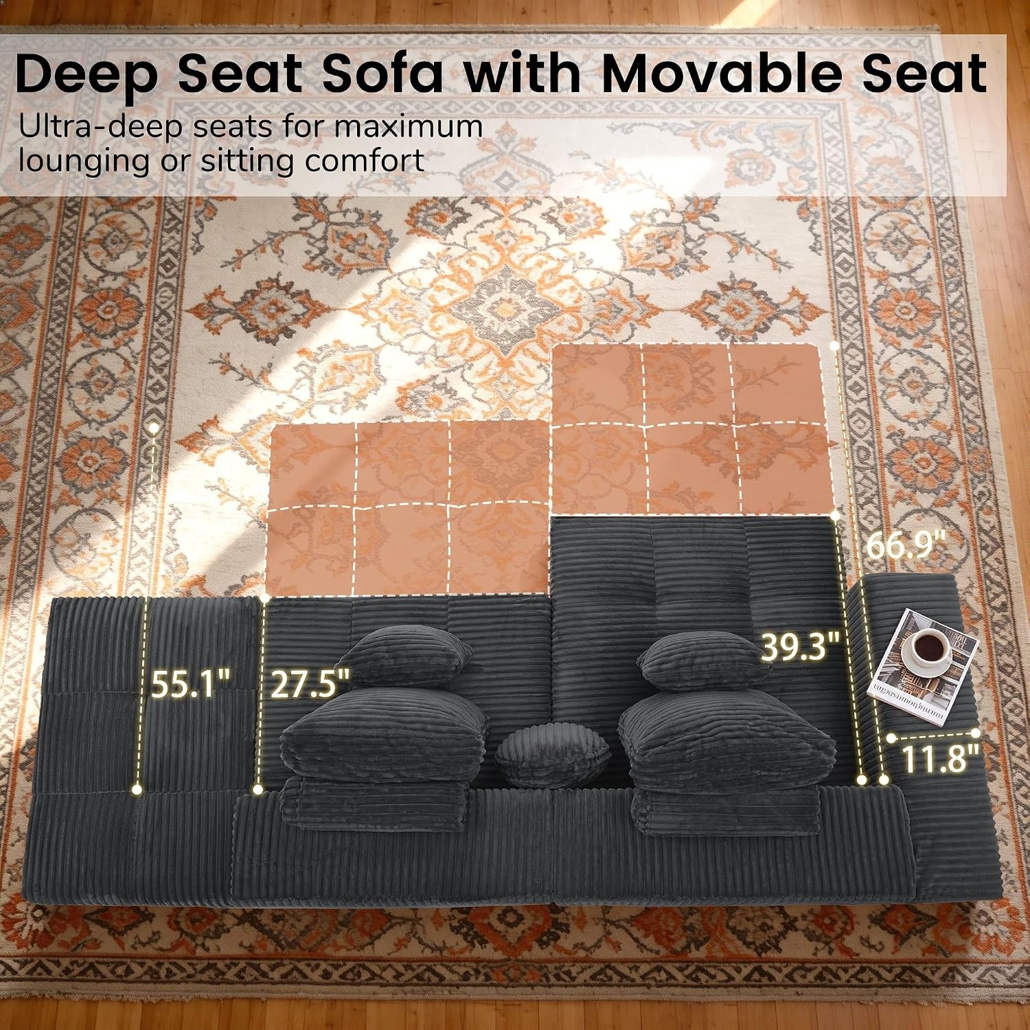 image:imageKorser 91 Cloud Sectional Couches for Living Room Convertible LShape Boneless Couch with Ottoman Comfy Modular Sectional Sofa Deep Seat Sofa with Throw Pillows for Living Room Corduroy BlackGrey