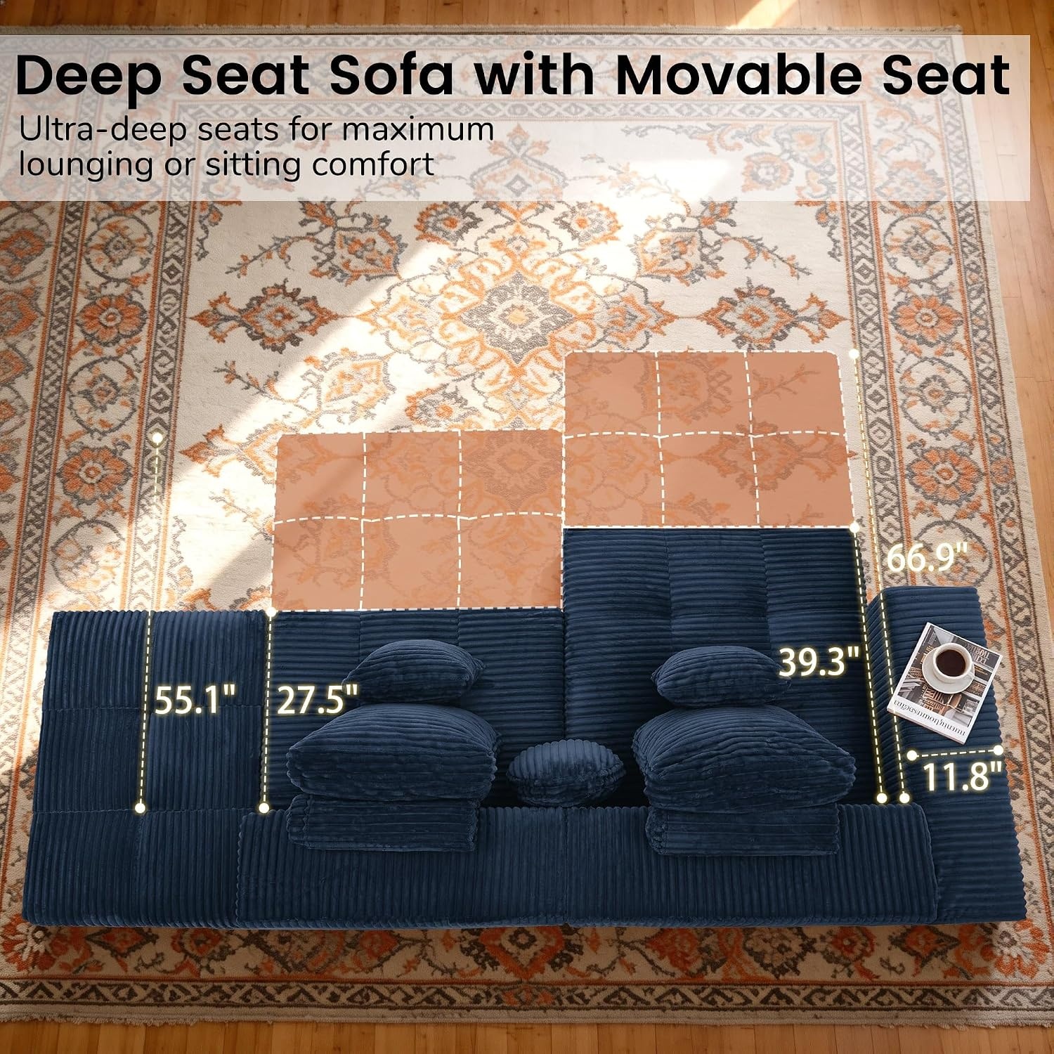 image:imageKorser 91 Cloud Sectional Couches for Living Room Convertible LShape Boneless Couch with Ottoman Comfy Modular Sectional Sofa Deep Seat Sofa with Throw Pillows for Living Room Corduroy BlackBlue
