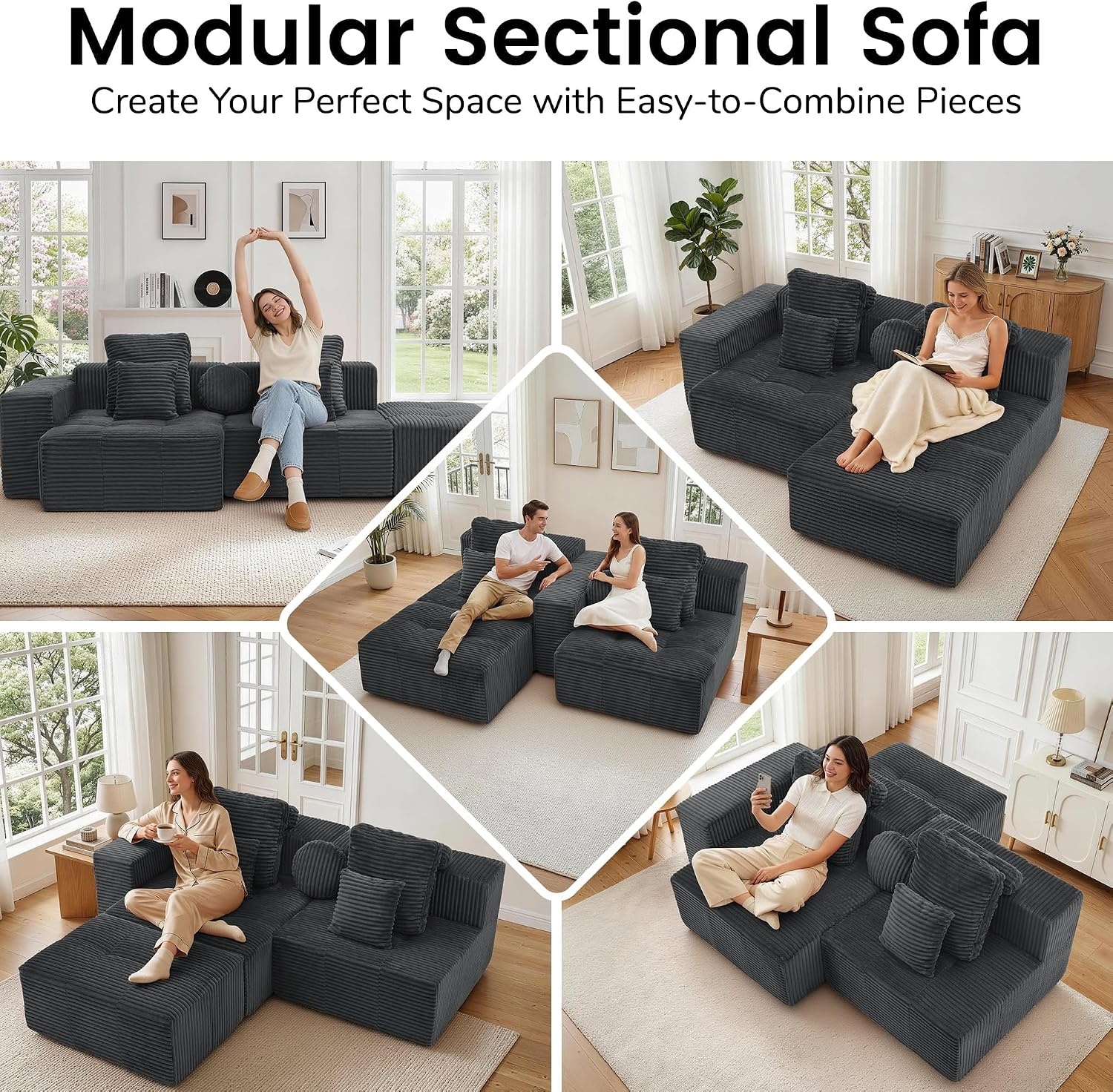 image:imageKorser 91 Cloud Sectional Couches for Living Room Convertible LShape Boneless Couch with Ottoman Comfy Modular Sectional Sofa Deep Seat Sofa with Throw Pillows for Living Room Corduroy BlackGrey