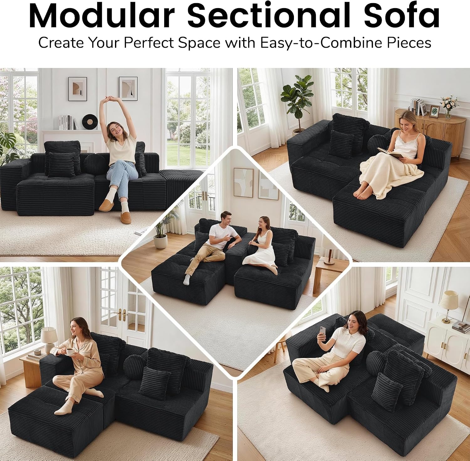 image:imageKorser 91 Cloud Sectional Couches for Living Room Convertible LShape Boneless Couch with Ottoman Comfy Modular Sectional Sofa Deep Seat Sofa with Throw Pillows for Living Room Corduroy BlackBlack
