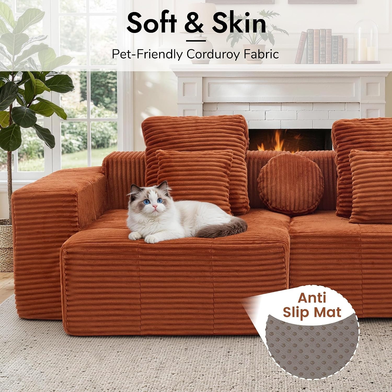 image:imageKorser 91 Cloud Sectional Couches for Living Room Convertible LShape Boneless Couch with Ottoman Comfy Modular Sectional Sofa Deep Seat Sofa with Throw Pillows for Living Room Corduroy BlackOrange