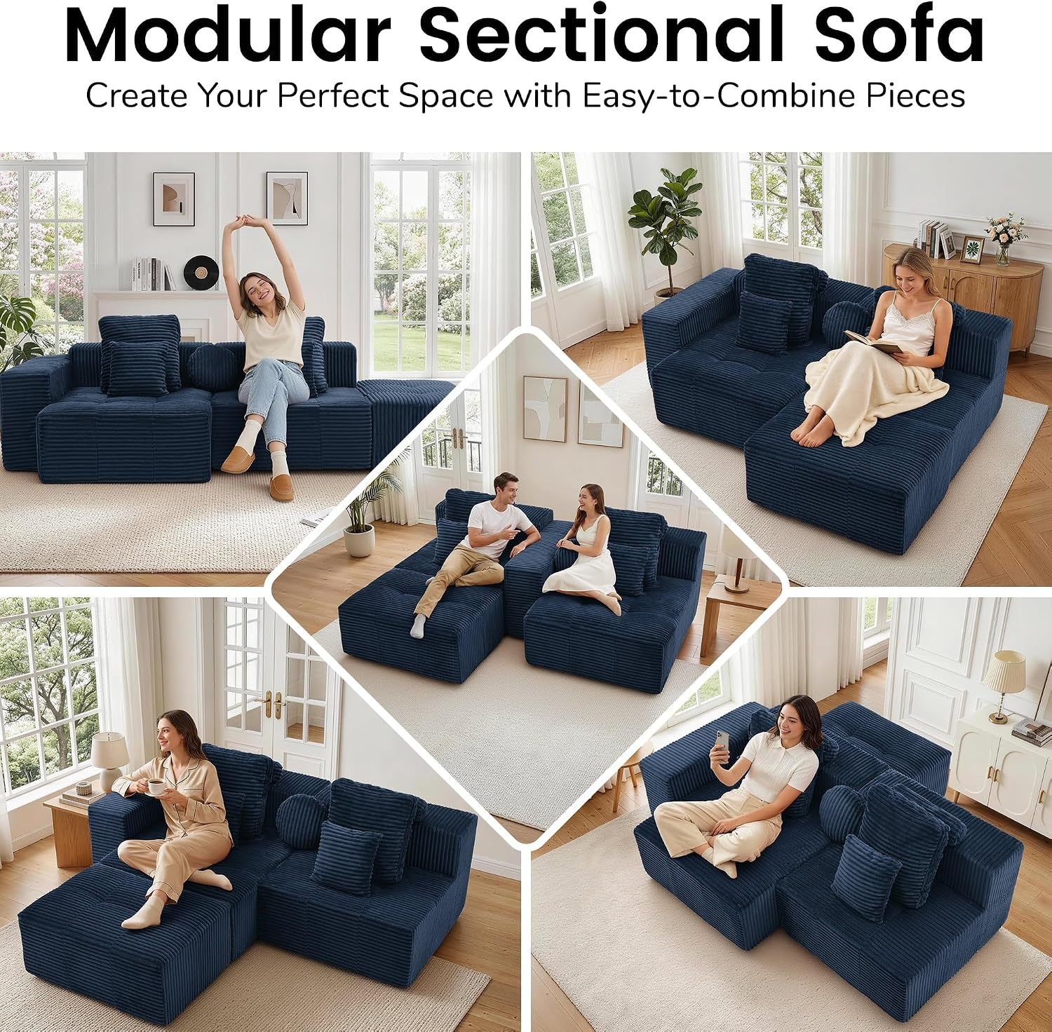 image:imageKorser 91 Cloud Sectional Couches for Living Room Convertible LShape Boneless Couch with Ottoman Comfy Modular Sectional Sofa Deep Seat Sofa with Throw Pillows for Living Room Corduroy BlackBlue