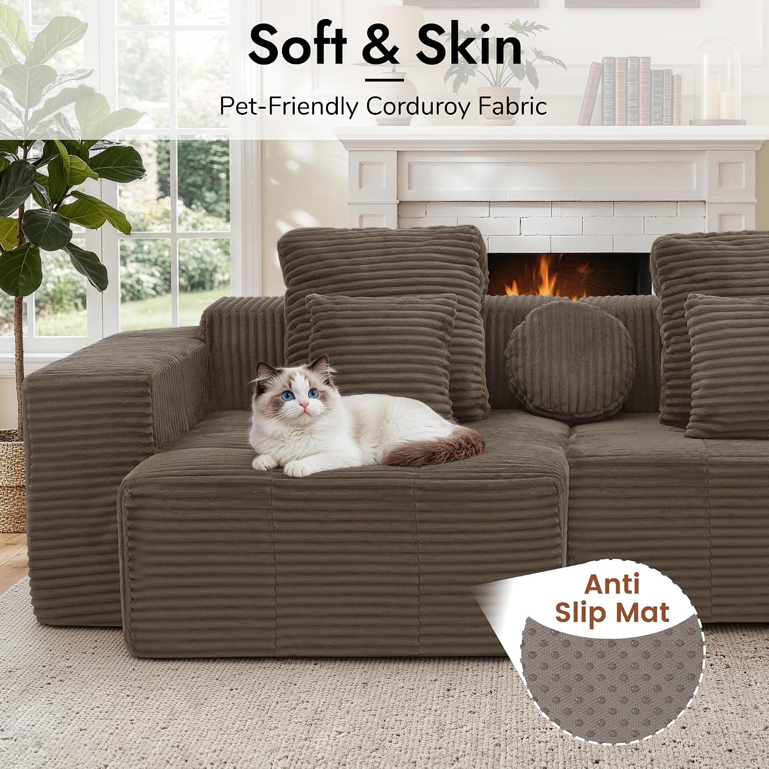 image:imageKorser 91 Cloud Sectional Couches for Living Room Convertible LShape Boneless Couch with Ottoman Comfy Modular Sectional Sofa Deep Seat Sofa with Throw Pillows for Living Room Corduroy BlackBrown