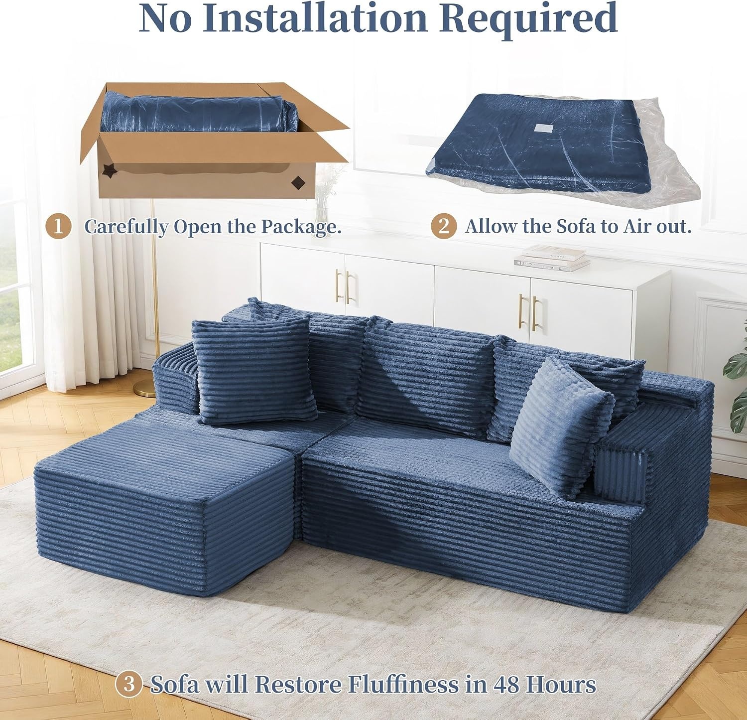 image:imageKorser Cloud Modular Sectional Sofa with LShaped Boneless Couches for Living Room Fluffy Comfy Corduroy Deep Seat with Ottoman Bedroom Apartment No Assembly RequiredBlue