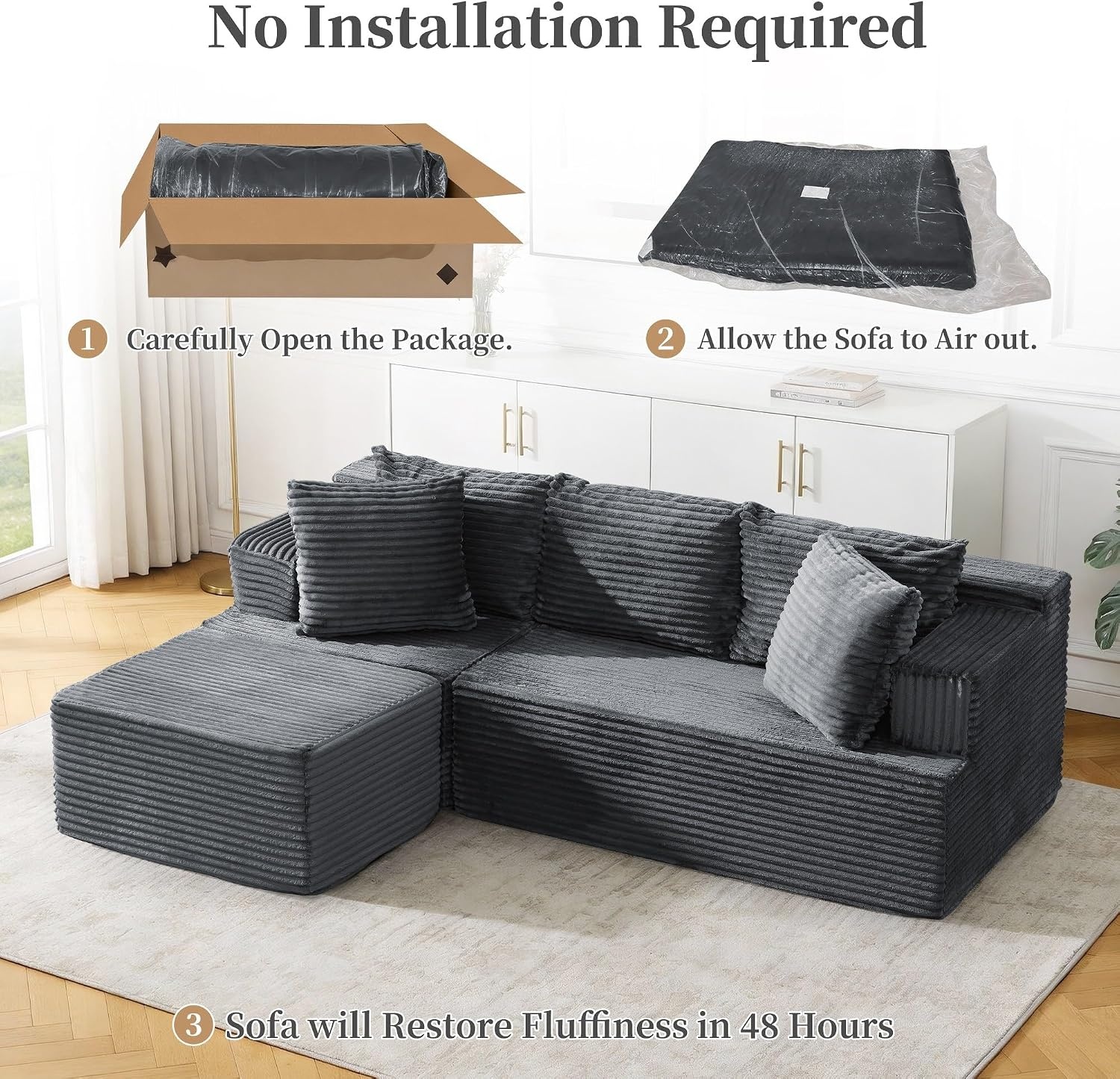 image:imageKorser Cloud Modular Sectional Sofa with LShaped Boneless Couches for Living Room Fluffy Comfy Corduroy Deep Seat with Ottoman Bedroom Apartment No Assembly RequiredGrey