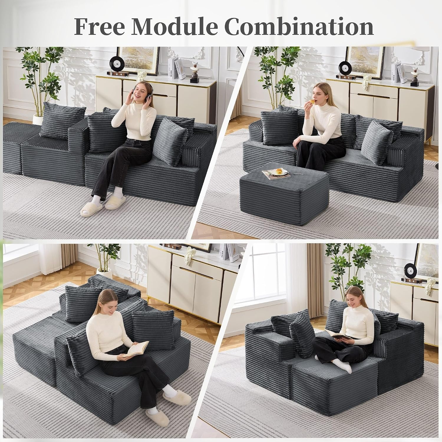 image:imageKorser Cloud Modular Sectional Sofa with LShaped Boneless Couches for Living Room Fluffy Comfy Corduroy Deep Seat with Ottoman Bedroom Apartment No Assembly RequiredGrey