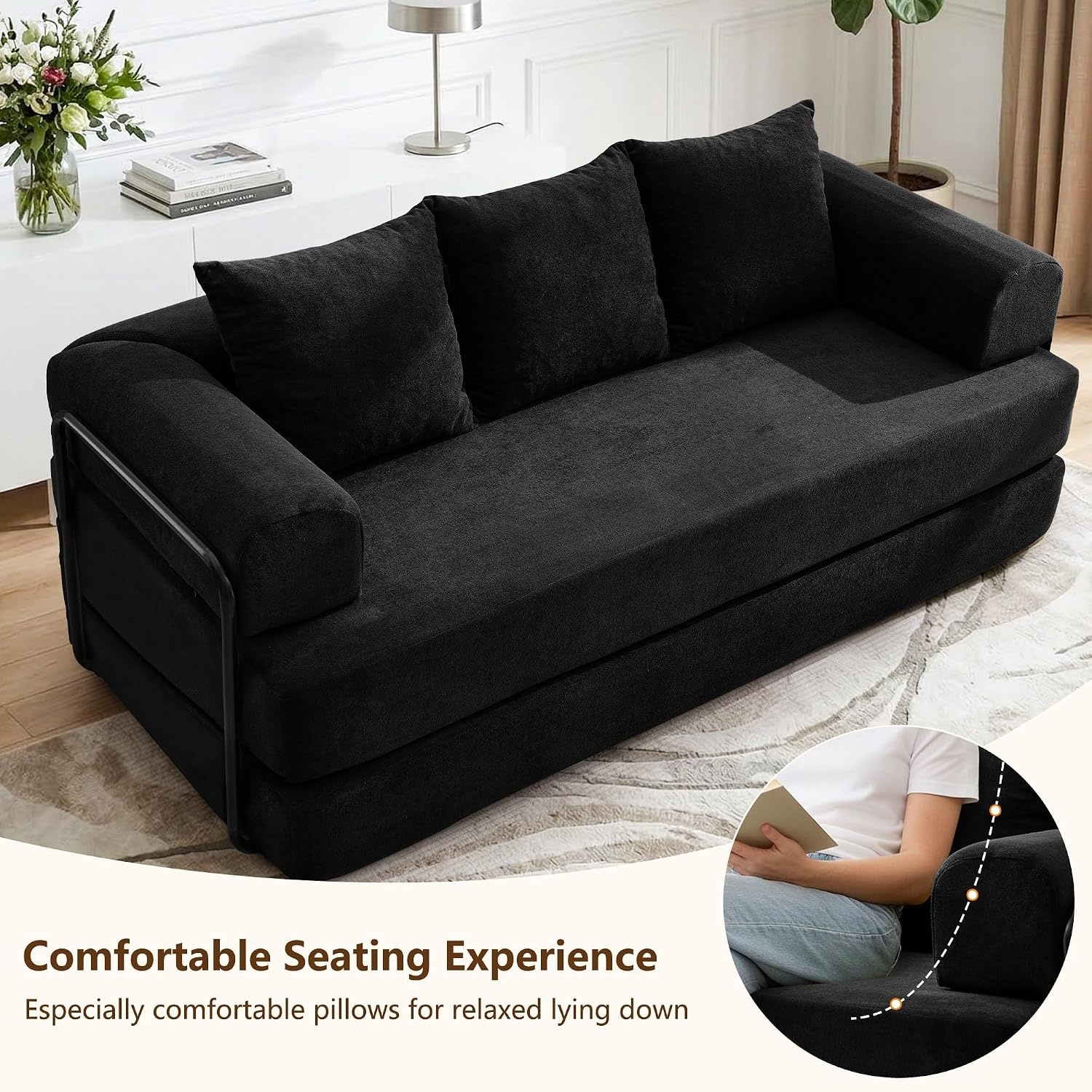 image:imageKorser Convertible Sofa Bed Chenille Folding Boneless Couch with Cylindrical Pillows Modern Loveseat Sofa with FixedShape Frame Futon Couch Sleeper Sofa for Living Room Apartment Bedroom BlackBlack