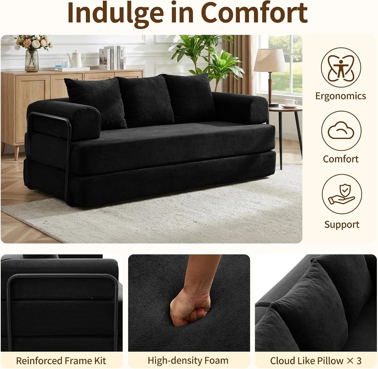 image:imageKorser Convertible Sofa Bed Chenille Folding Boneless Couch with Cylindrical Pillows Modern Loveseat Sofa with FixedShape Frame Futon Couch Sleeper Sofa for Living Room Apartment Bedroom BlackBlack