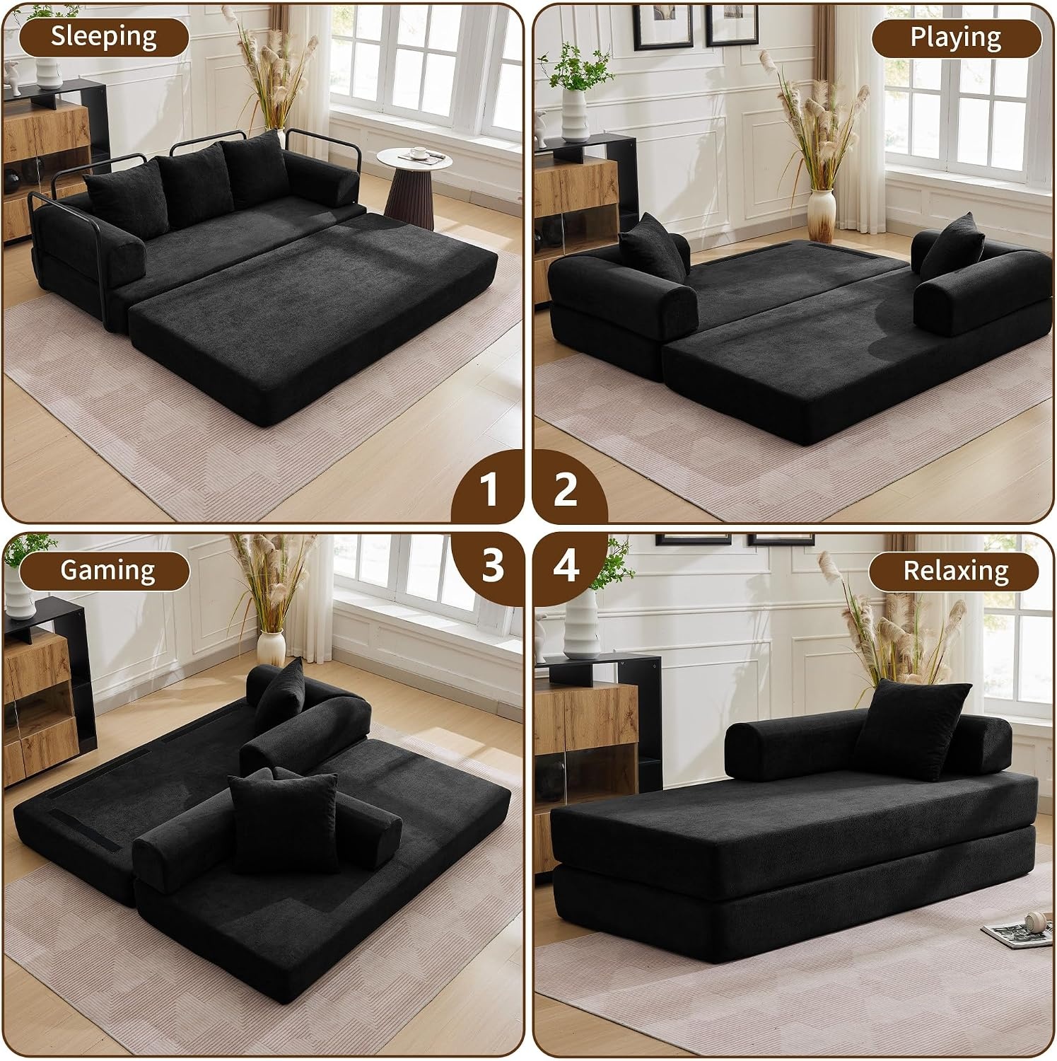 image:imageKorser Convertible Sofa Bed Chenille Folding Boneless Couch with Cylindrical Pillows Modern Loveseat Sofa with FixedShape Frame Futon Couch Sleeper Sofa for Living Room Apartment Bedroom BlackBlack