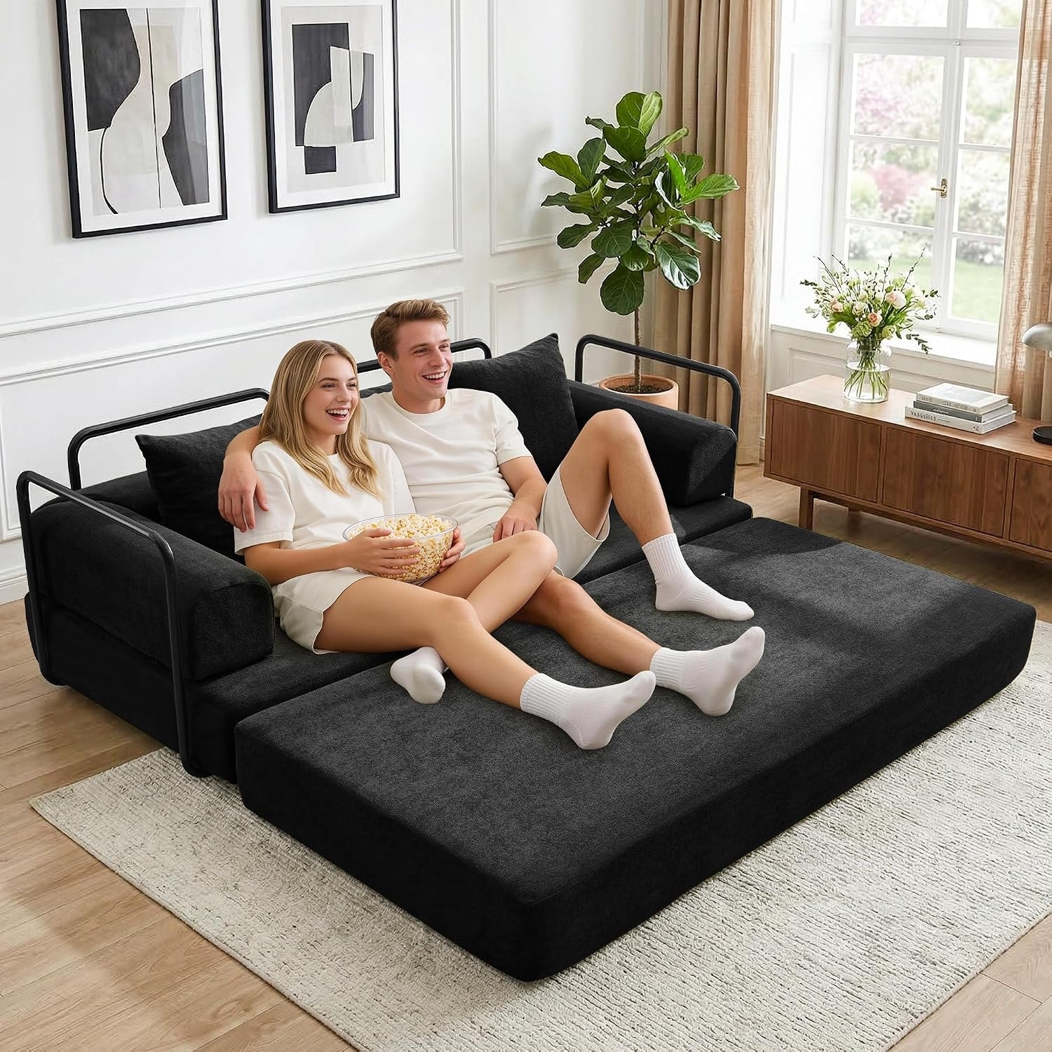 image:imageKorser Convertible Sofa Bed Chenille Folding Boneless Couch with Cylindrical Pillows Modern Loveseat Sofa with FixedShape Frame Futon Couch Sleeper Sofa for Living Room Apartment Bedroom BlackBlack