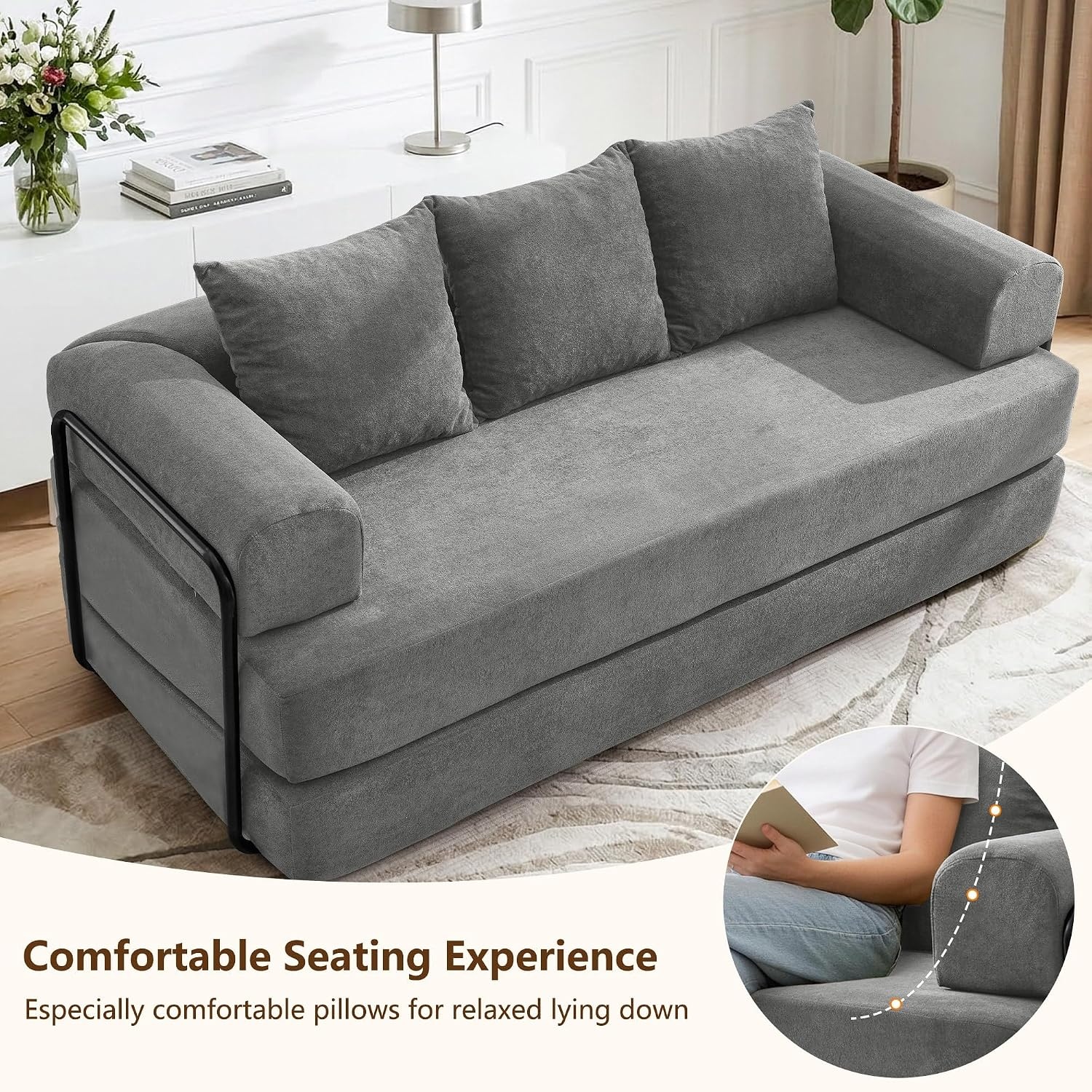 image:imageKorser Convertible Sofa Bed Chenille Folding Boneless Couch with Cylindrical Pillows Modern Loveseat Sofa with FixedShape Frame Futon Couch Sleeper Sofa for Living Room Apartment Bedroom BlackGrey