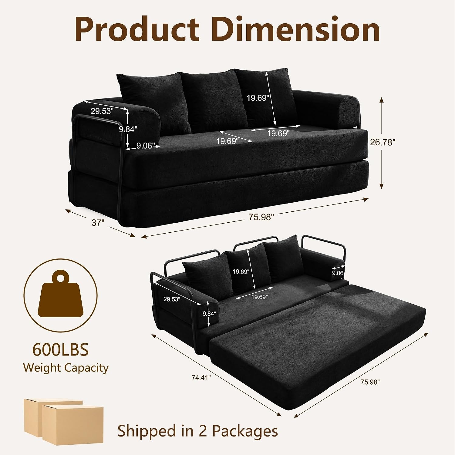 image:imageKorser Convertible Sofa Bed Chenille Folding Boneless Couch with Cylindrical Pillows Modern Loveseat Sofa with FixedShape Frame Futon Couch Sleeper Sofa for Living Room Apartment Bedroom BlackBlack