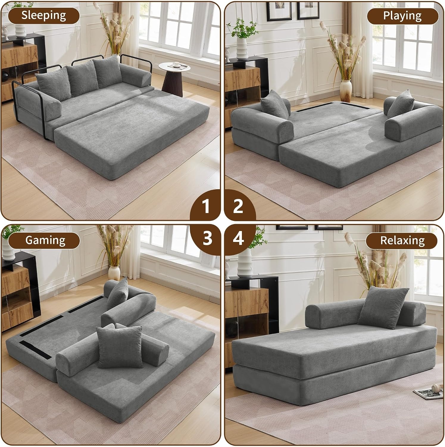 image:imageKorser Convertible Sofa Bed Chenille Folding Boneless Couch with Cylindrical Pillows Modern Loveseat Sofa with FixedShape Frame Futon Couch Sleeper Sofa for Living Room Apartment Bedroom BlackGrey