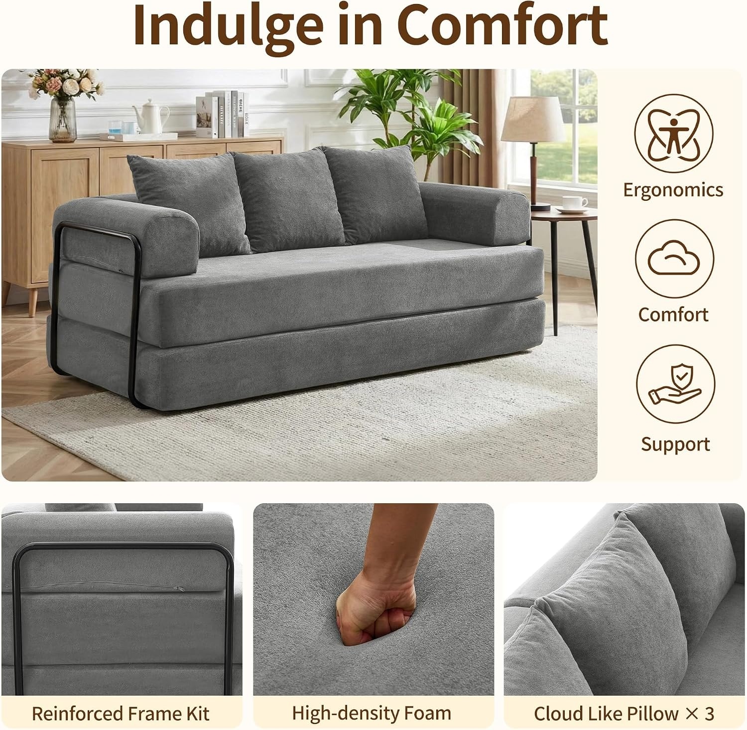 image:imageKorser Convertible Sofa Bed Chenille Folding Boneless Couch with Cylindrical Pillows Modern Loveseat Sofa with FixedShape Frame Futon Couch Sleeper Sofa for Living Room Apartment Bedroom BlackGrey